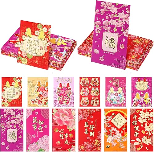 Miniatura 1 de Kosiz 48 sobres rojos de Año Nuevo Chino Lunar 2024 con bolsillos de dinero de la suerte Hong Bao con 12 patrones de flores diferentes para festival