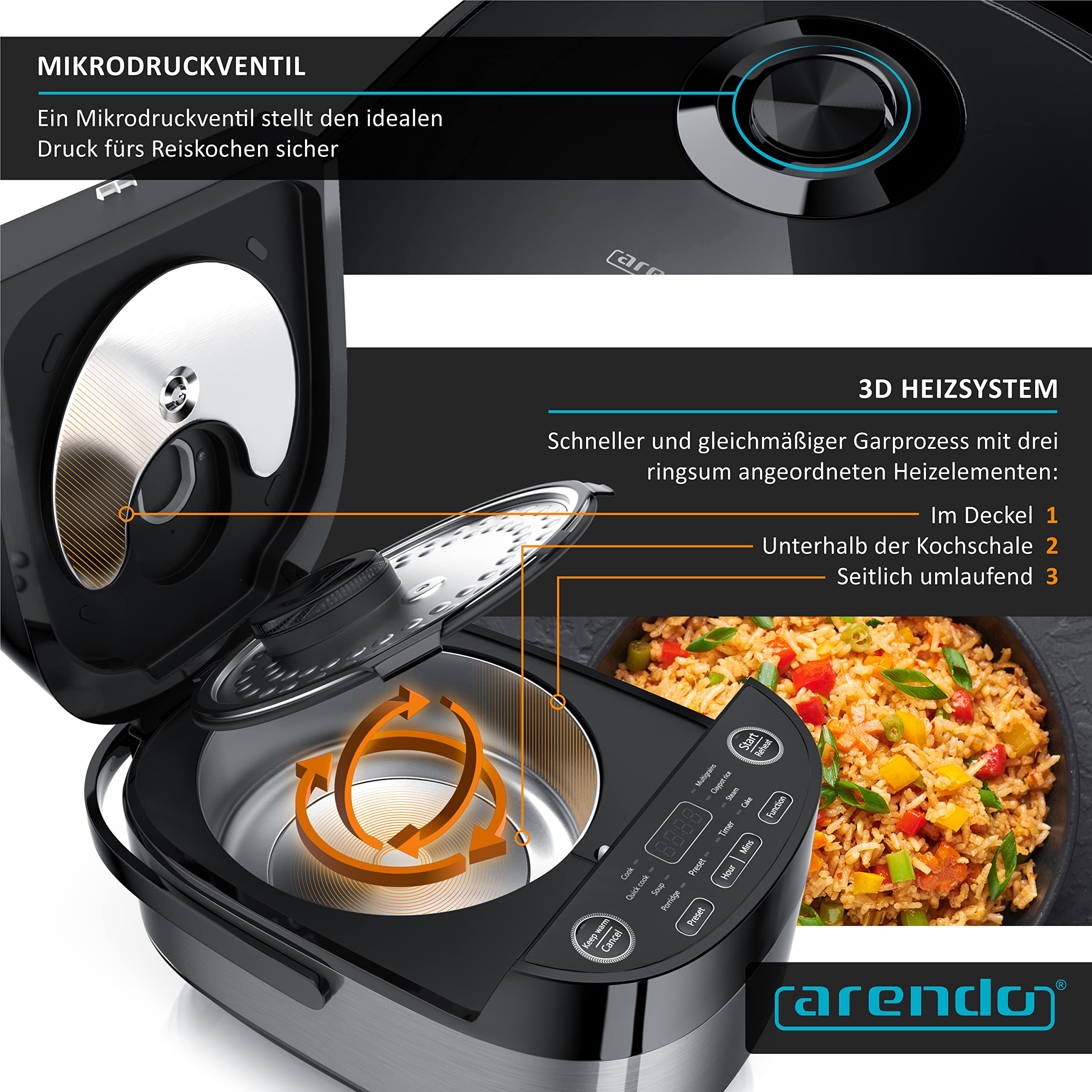 Arendo - Reiskocher Multikocher digital und Dampfgarer 4L – 3D Heizsystem – 8 Programme – Warmhaltefunktion – Timer – Antihaftbeschichtung - inkl. Dampfgareinsatz, Messbecher, Reislöffel, Schwarz