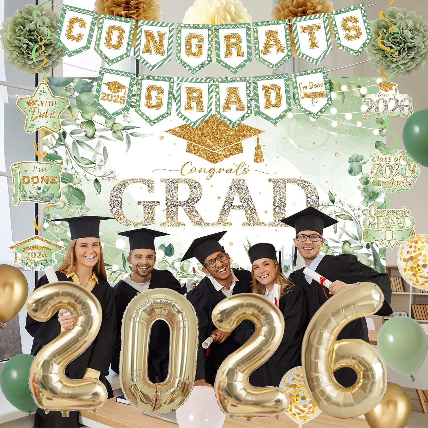 Holkcog 2026 Graduation Decorations, Green Gold Class of 2026 Congrats Graduation Floral Backdrop, Balloons, Paper Pompoms for Graduation Party Decorations, Outdoor Indoor College Grad Party Decor