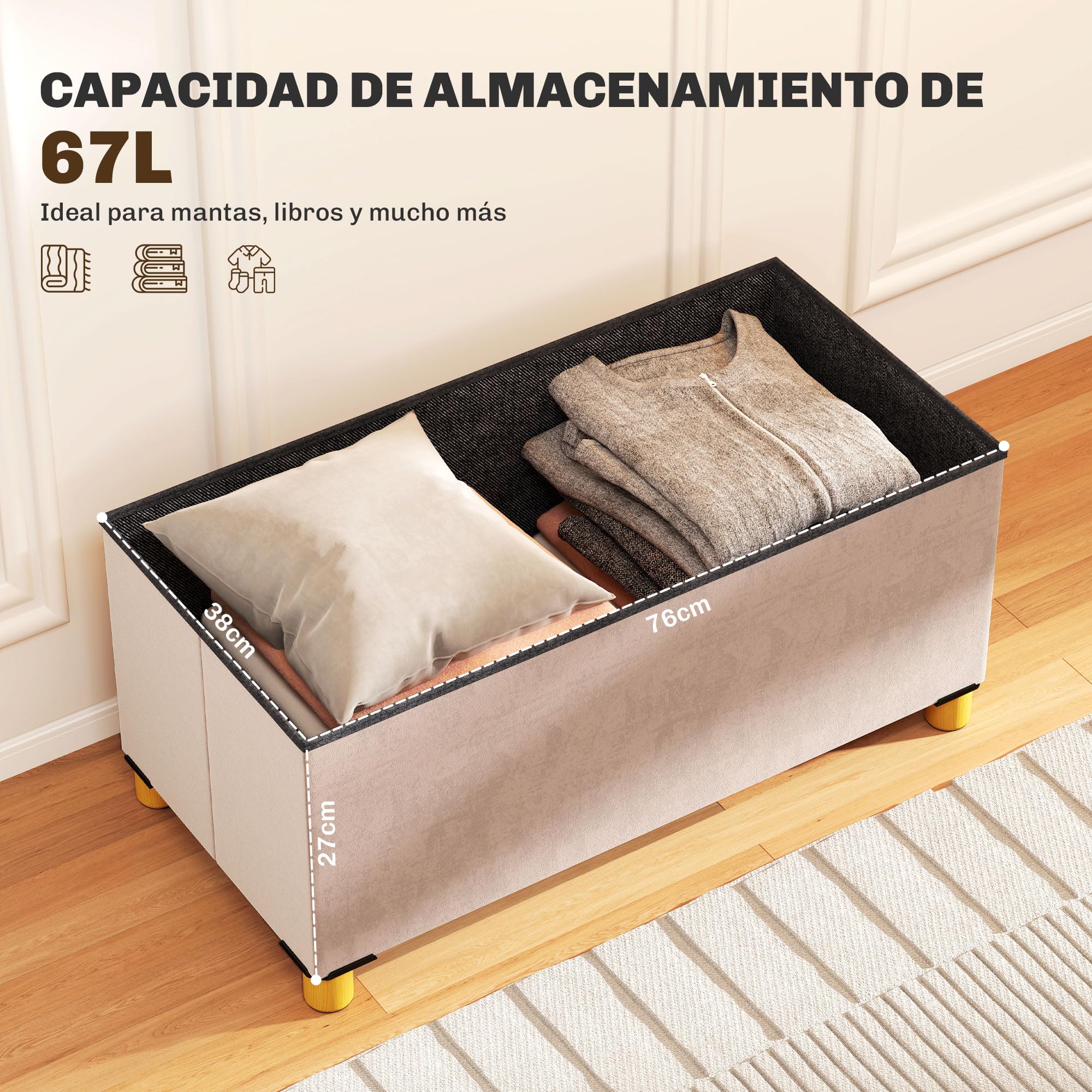 HOMCOM Puff Almacenaje, Banco Almacenaje Plegable, Capacidad de 67 L, 76x38x38 cm, Tapizado en Terciopelo, Baúl de Almacenamiento Dormitorio, Carga 120 kg, para Sala de Estar, Entrada, Rosa