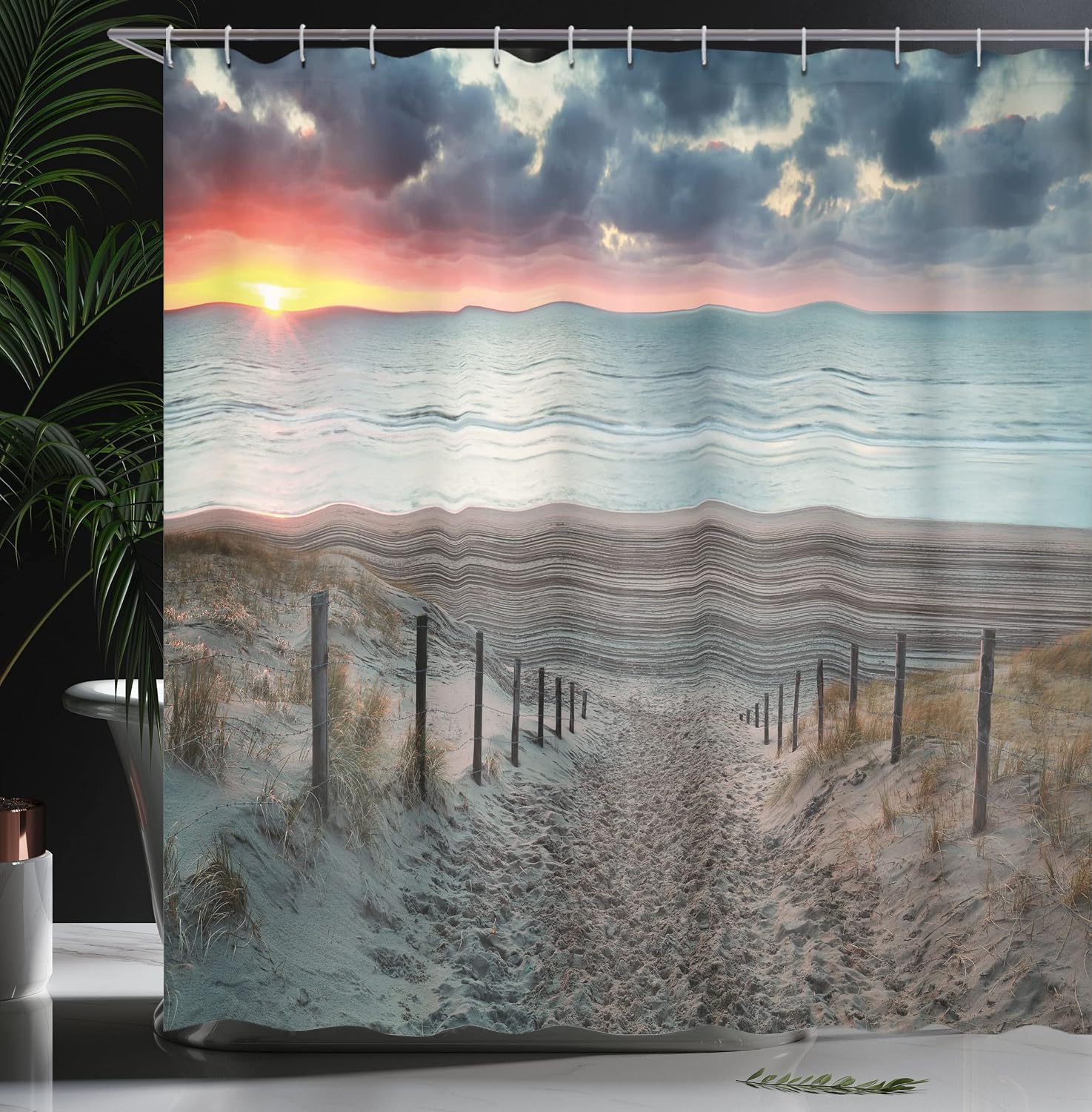 Ambesonne Beach Shower Curtain, Sun Setting View North Sea North Holland Netherlands Footsteps Outdoors Image, Cloth Fabric Bathroom Decor Set with Hooks, 69" W x 70" L, Bluegrey Brown image 3