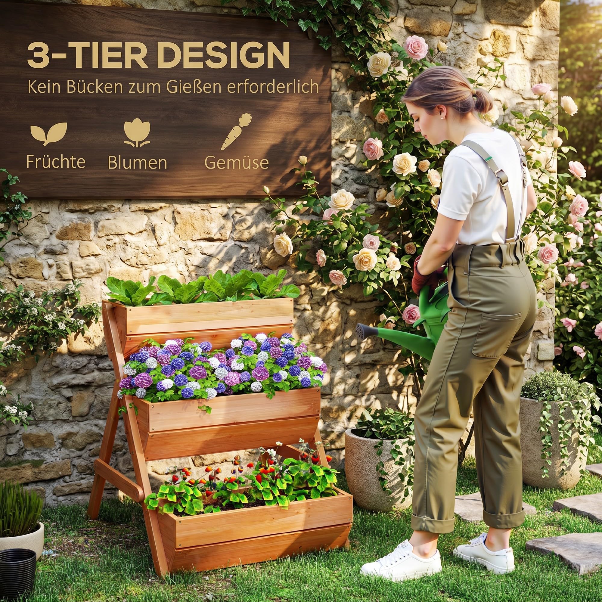 Outsunny Vertikales Hochbeet mit 3 Etagen aus Holz 65 x 75 x 76 cm Braun | Vertikalbeet, Blumenkasten, 3 Pflanzkästen, Ablauflöcher, Blumenbeet, Kräuterbeet, Blumentreppe, Terrasse Balkon Garten