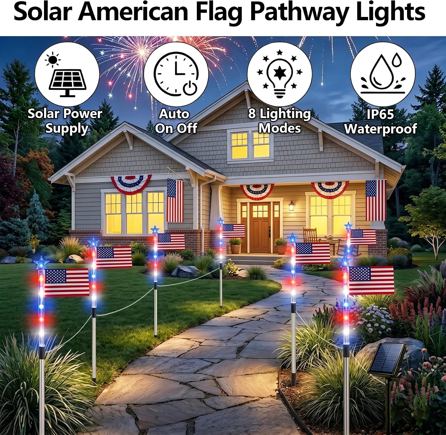 8 Pack Solar American Flag Pathway Lights - Patriotic Red White Blue Outdoor Stake Waterproof LED Lights with 8 Modes, Decorations 4th of July Memorial Day & Independence Day Yard Garden (Style A) image 2