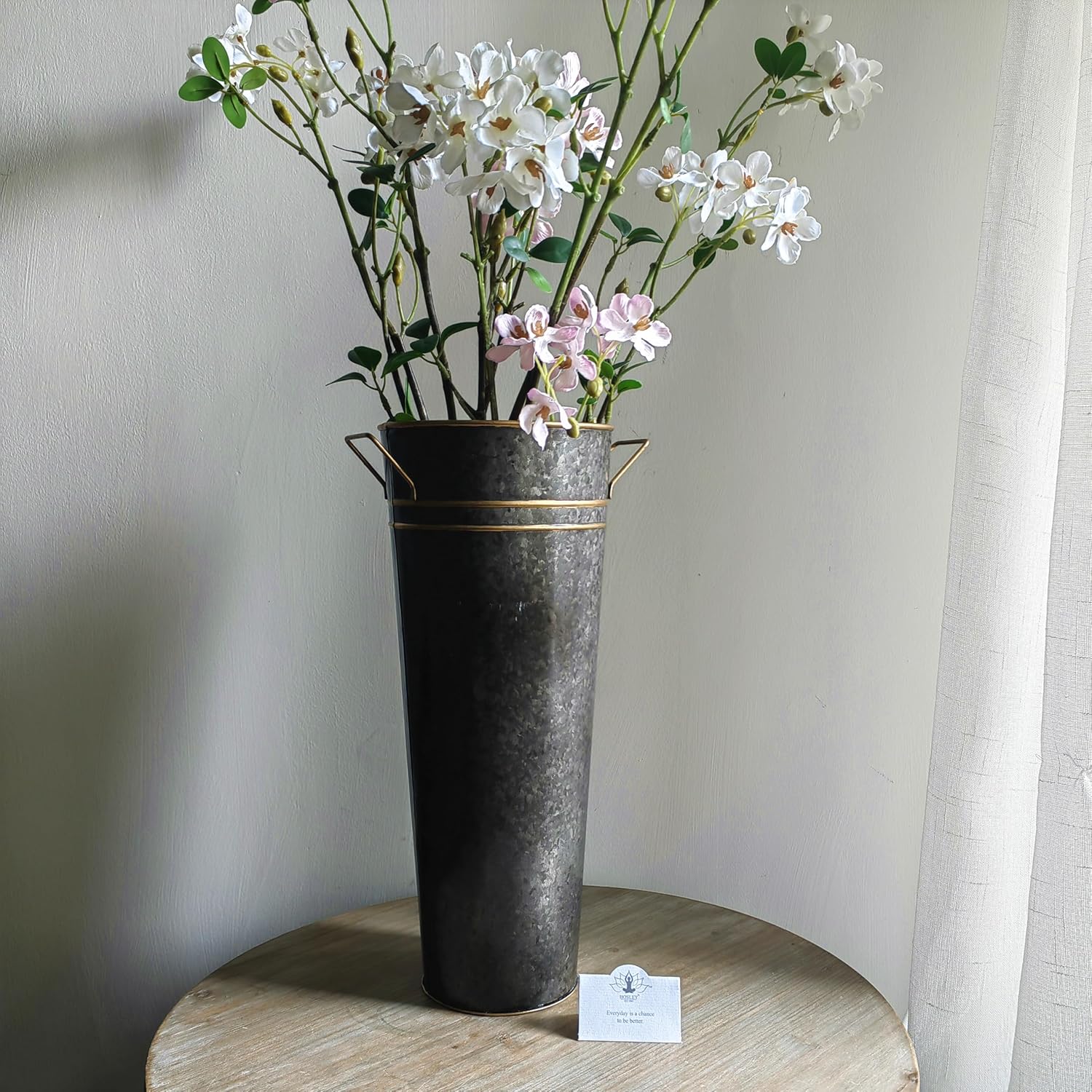 Hosley Set of 2 Zinc Finish French Bucket Vases with Handles 6"Dx15"H Perfect for Weddings, Parties, Country Picnics, Floral Arrangements, Tableware Storage, or Candle Gardens - Rustic Farmhouse Décor