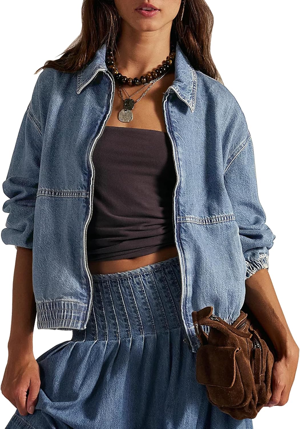 Womens Denim Jackets Long Sleeve Zip Up Elastic Hem Classic Loose Jean Bomber Jacket Outfit