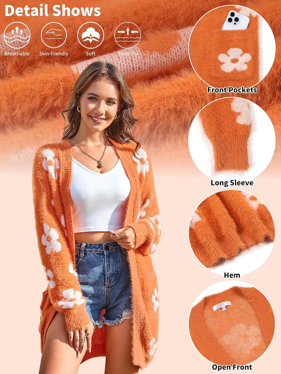 ECOWISH Women Cardigan Sweaters Long Floral Striped Winter Fall Long Sleeve Open Front Cozy Knitted Daisy Fuzzy Coats Outwear - Image 5