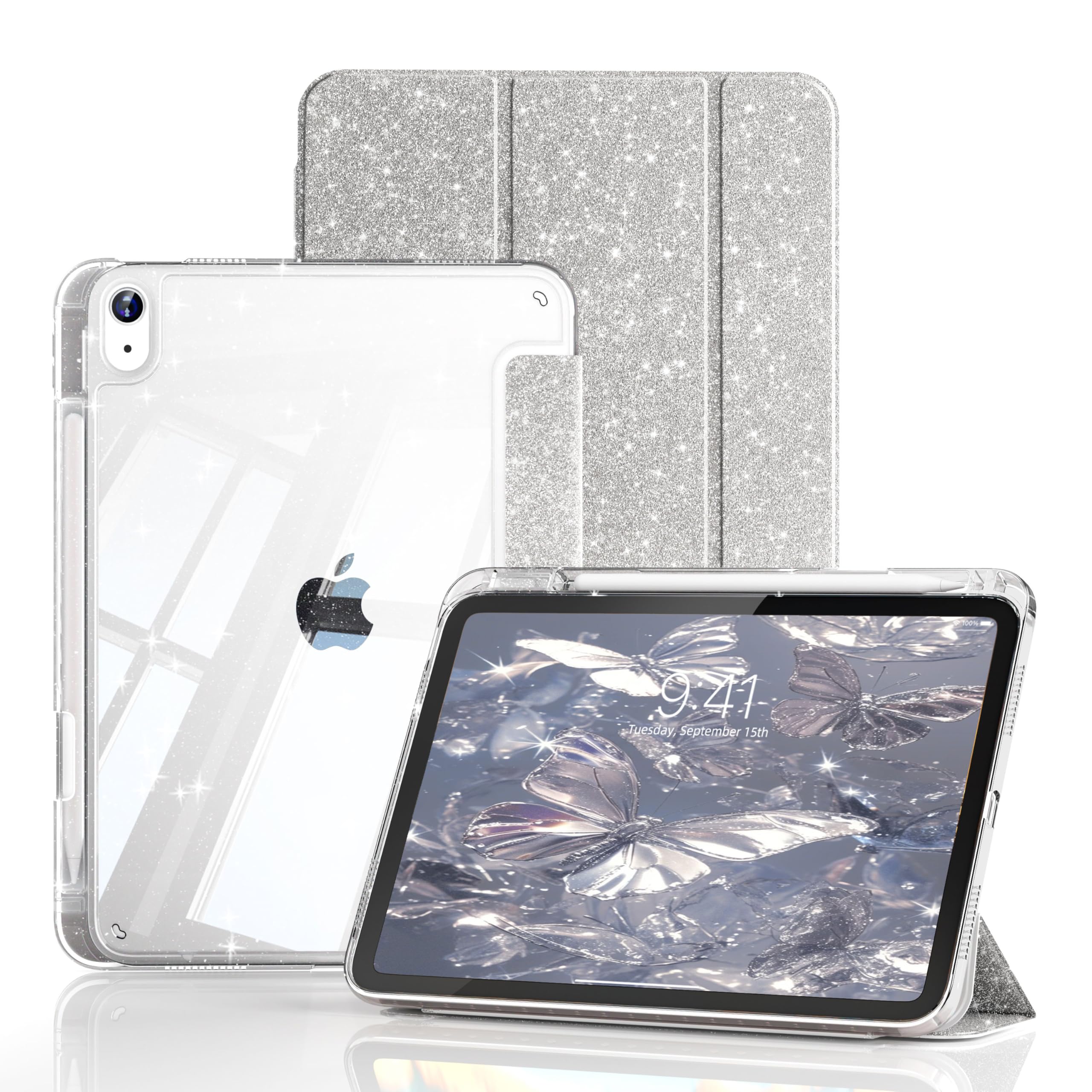 ZKTUYU Glitzer Hülle für iPad (A16) 11./10. Gen (2025/2022, 11/10,9 Zoll) | Transparente Glitzer Schutzhülle mit Stifthalter, Stoßfest Glänzender Rückseite, für iPad 11/10 Generation, Silber