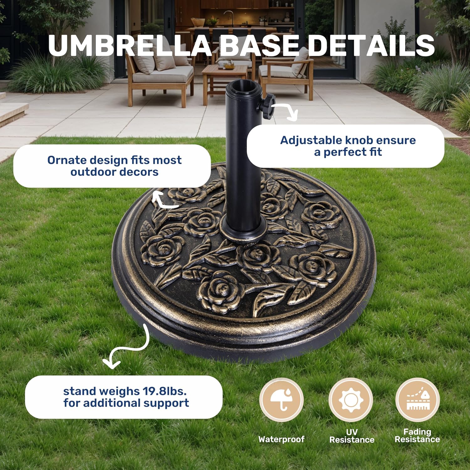YSSOA 19.8 lbs 17.91" Outdoor Umbrella Base Heavy Duty Market Umbrellas Round Stand for Patio, Deck, Lawn, Garden, Poolside, Bronze