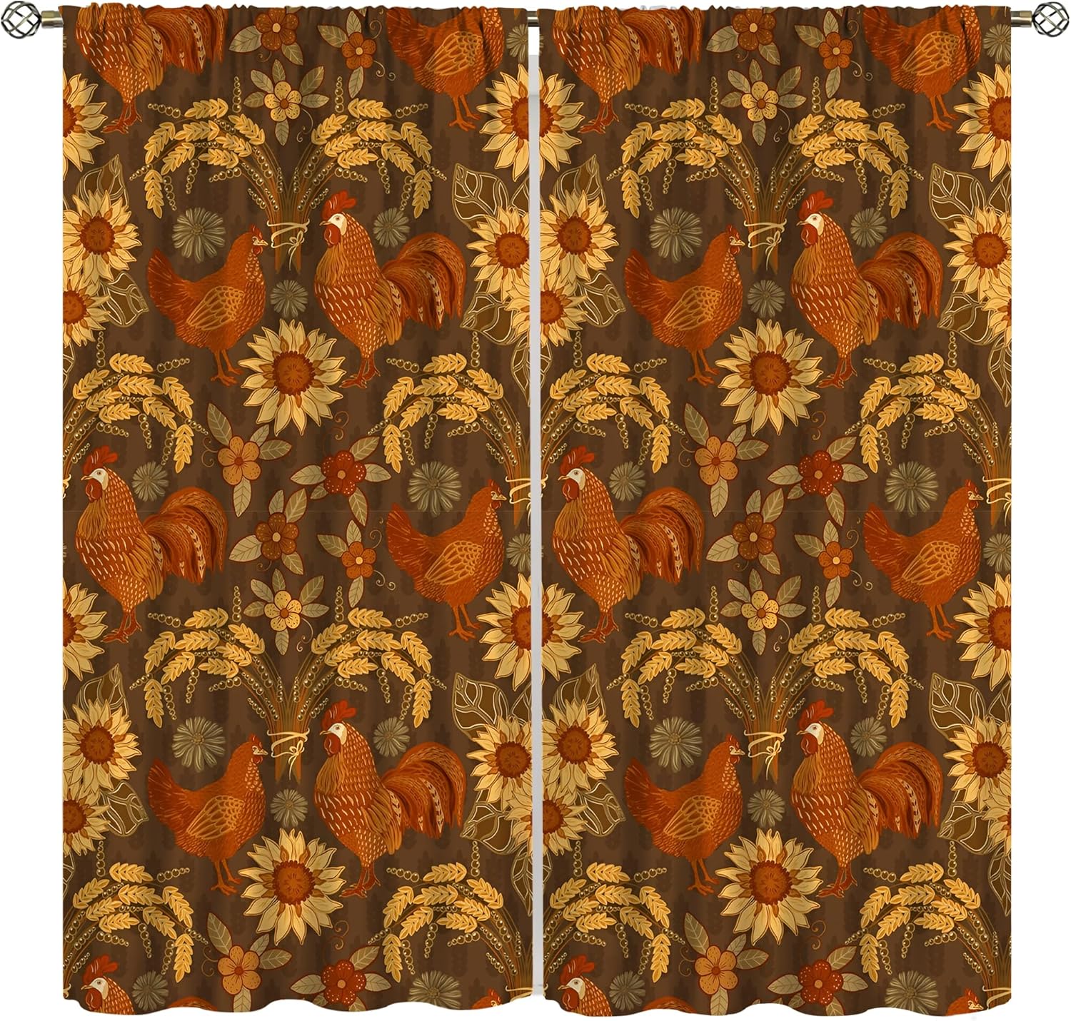 Vintage Rooster Curtains, Rustic Farmhouse Roosters Wheat Sunflower Organic Poultry Farm Theme Brown Window Treatments for Kitchen Bedroom Living Room, 52x84 Inch