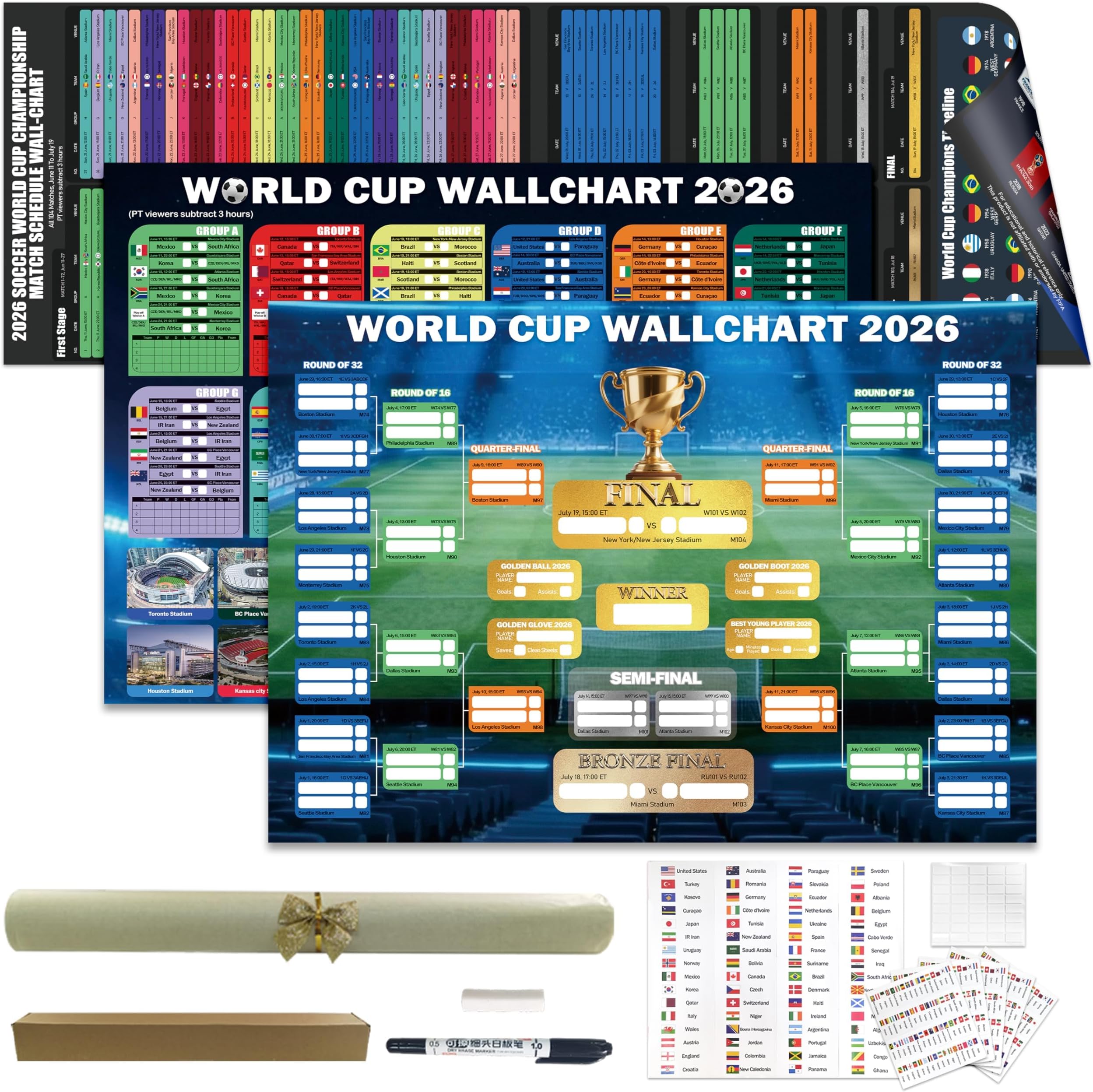 World Cup Wall Chart 2026 Poster Set (3 Pack) – PVC Dry Erase Soccer Schedule Posters with Knockout Bracket, Group Stage Tracker & Full Match Timeline – Includes 48 Team Flag Stickers, Marker, Eraser & Mounting Tape – Fan Gift
