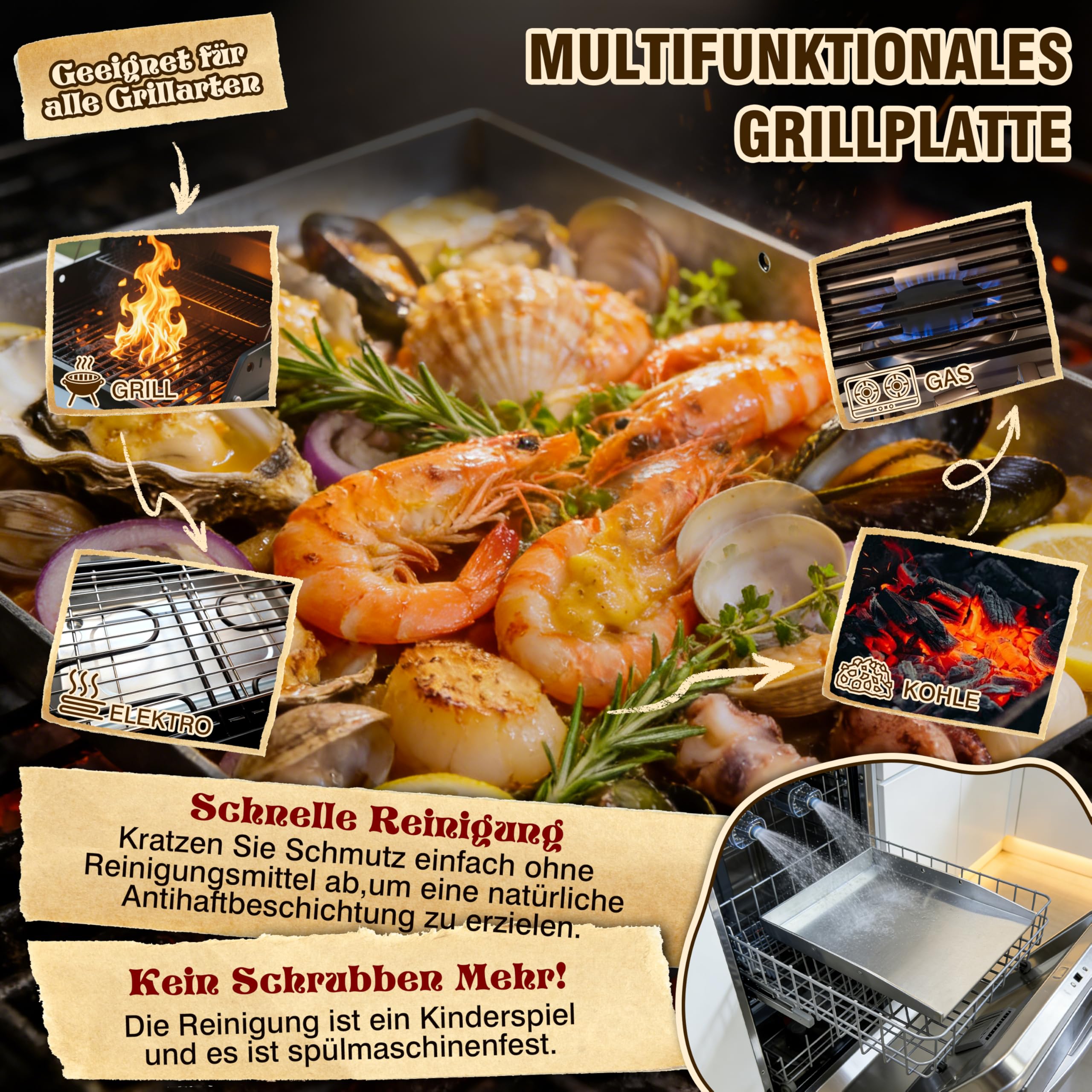 JONRRYIN Plancha Grillplatte Edelstahl [40 x 30cm], 4mm Massive Grillplatte Edelstahl mit Abnehmbarem Griff, Verzugsfreier Plancha Gasgrill mit Grillspachtel Set, Grillmatte für Gas- & Kohlegrill