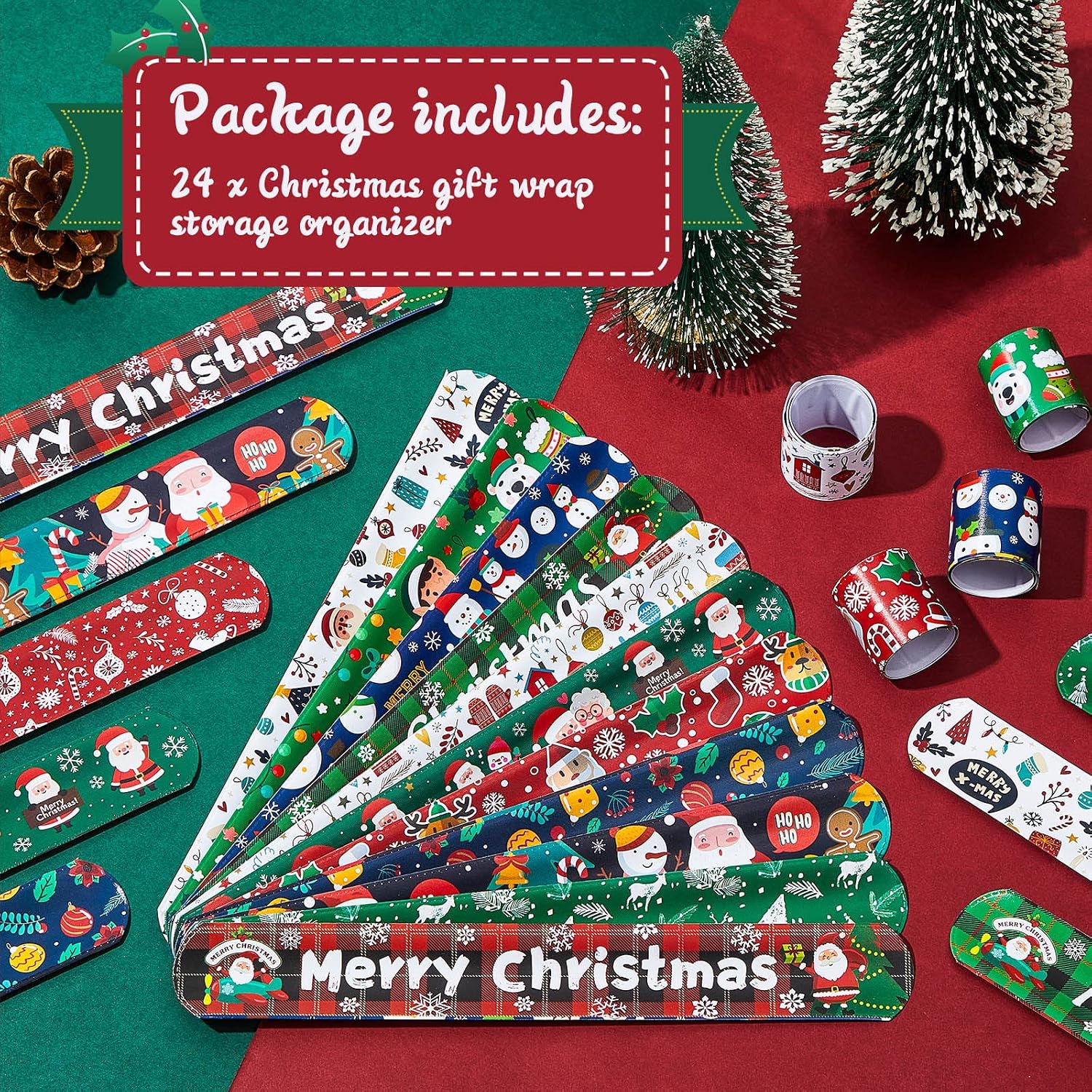 Lewtemi 24 Pcs Christmas Wrapping Paper Holder Clips Roll Bands, cute