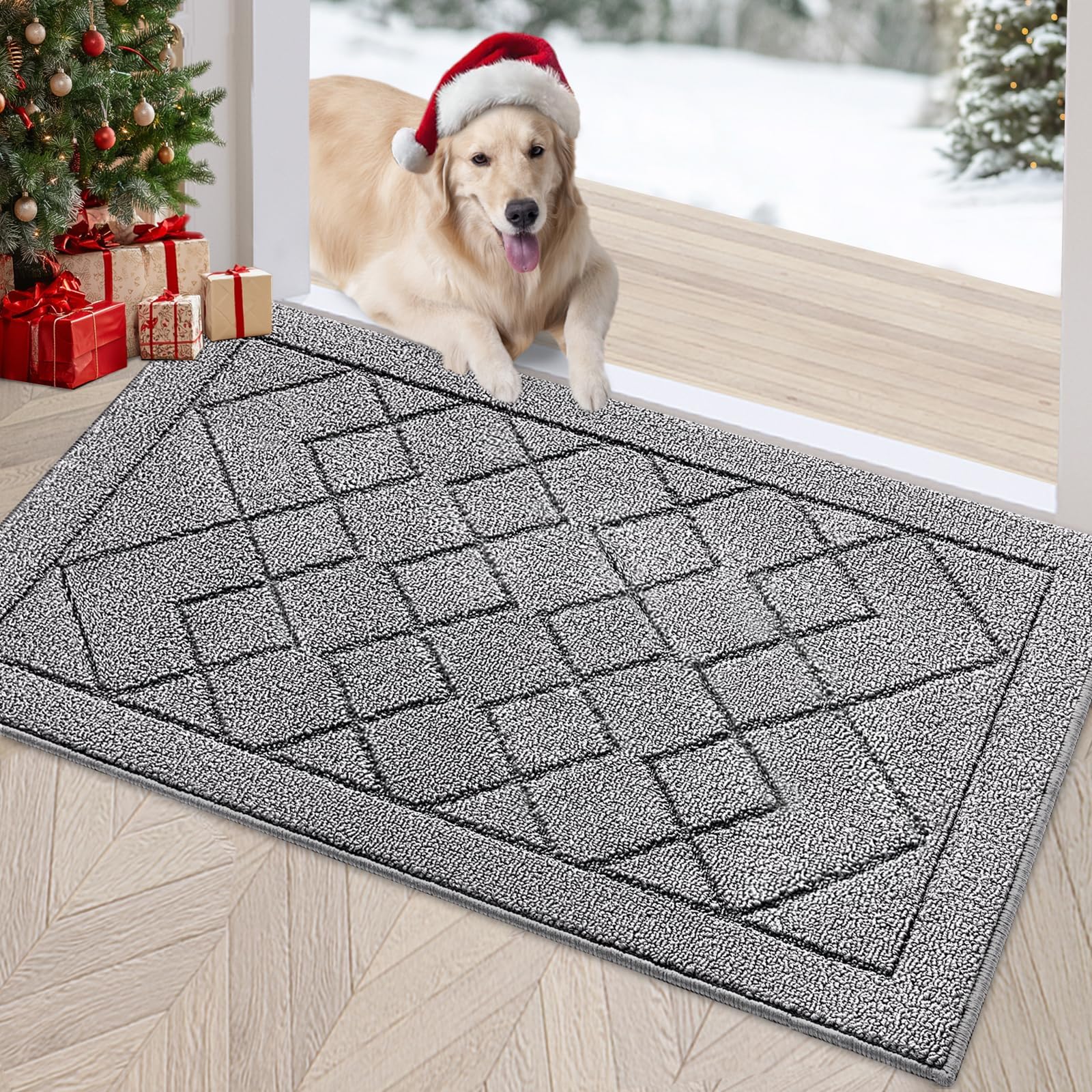 REFETONE Indoor Doormat, Front Back Door Mat 20"x32" Rubber Backing Non Slip Mats, Absorbent Washable Entrance Doormat for Entryway, Resist Dirt Low-Profile Inside Floor Mat for Muddy Shoes Light Grey