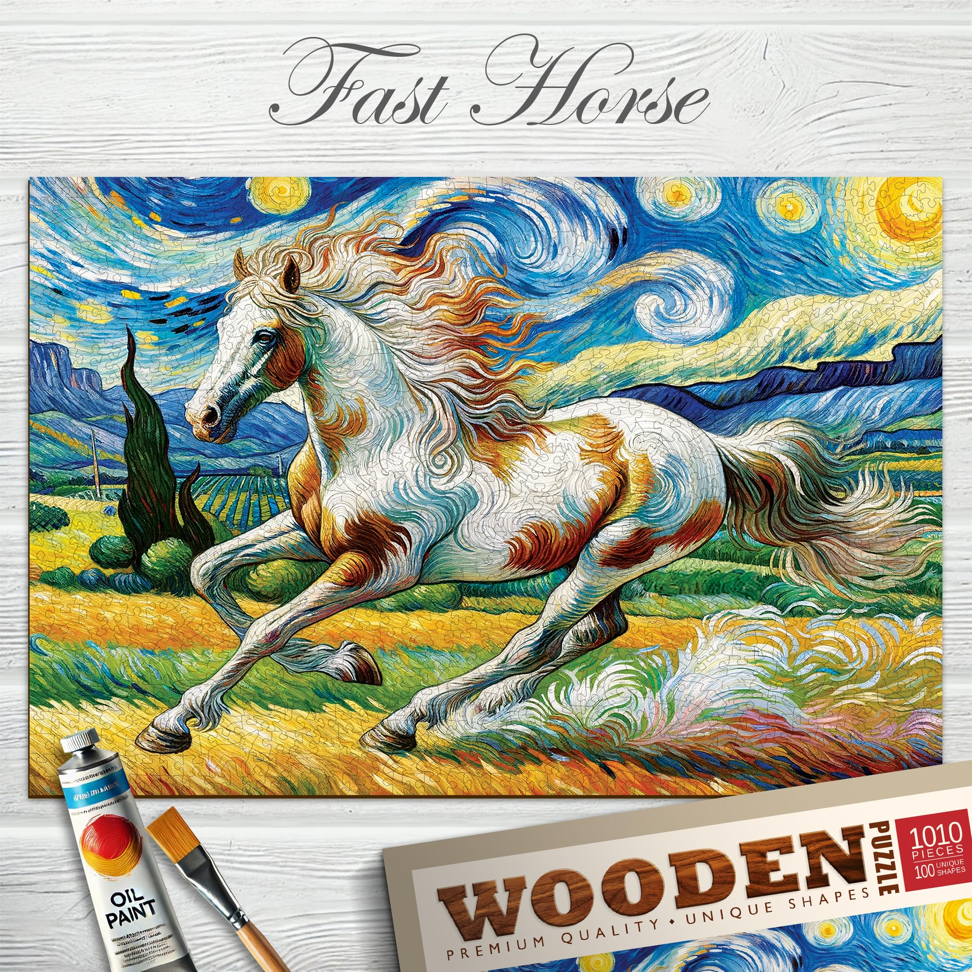WOODEN.CITY Puzzle en bois 1000 pièces - Cheval rapide avec 100 pièces en forme d'animal - 53,9 x 39,4 cm - Conçu et fabriqué dans l'UE