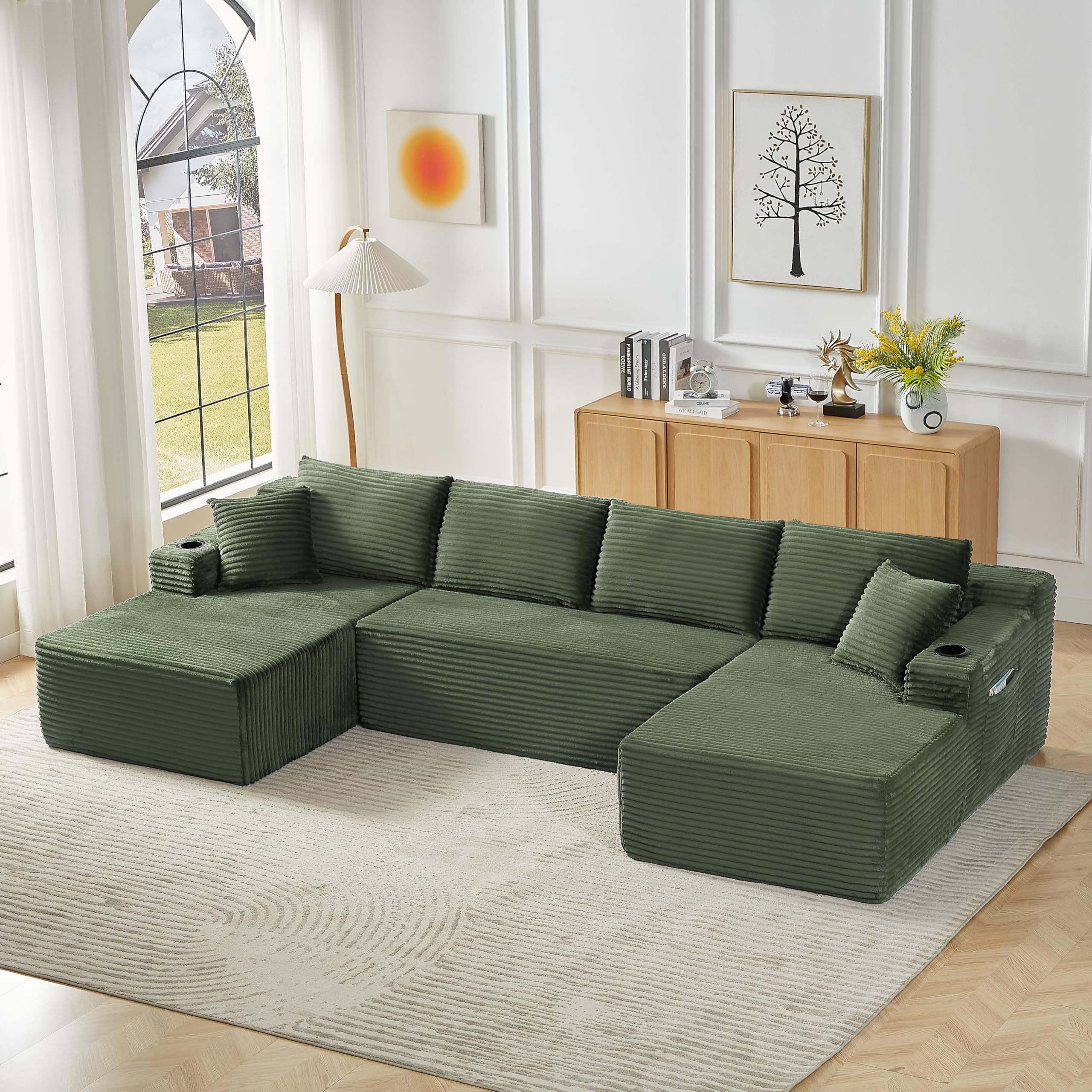 Canape Dangle Convertible, Canapé d’Angle de U avec Porte-Gobelets et Poches Latérales, Canapé Compressé en Velours côtelé, livré compressé, Confortable, Multifonctionnel, pour Salon, Chambre