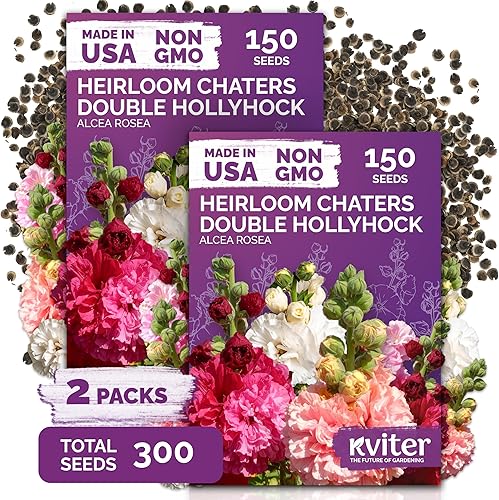 KVITER 300 semillas Chaters Hollyhock para plantar (Alcea rosea), paquete de 2  reliquia  Flores altas  Imán polinizador  Semillas de flores de