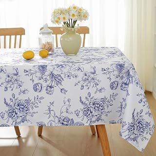 SASTYBALE Blue and White Tablecloth Rectangular, Floral Table Cloth 60"x84"