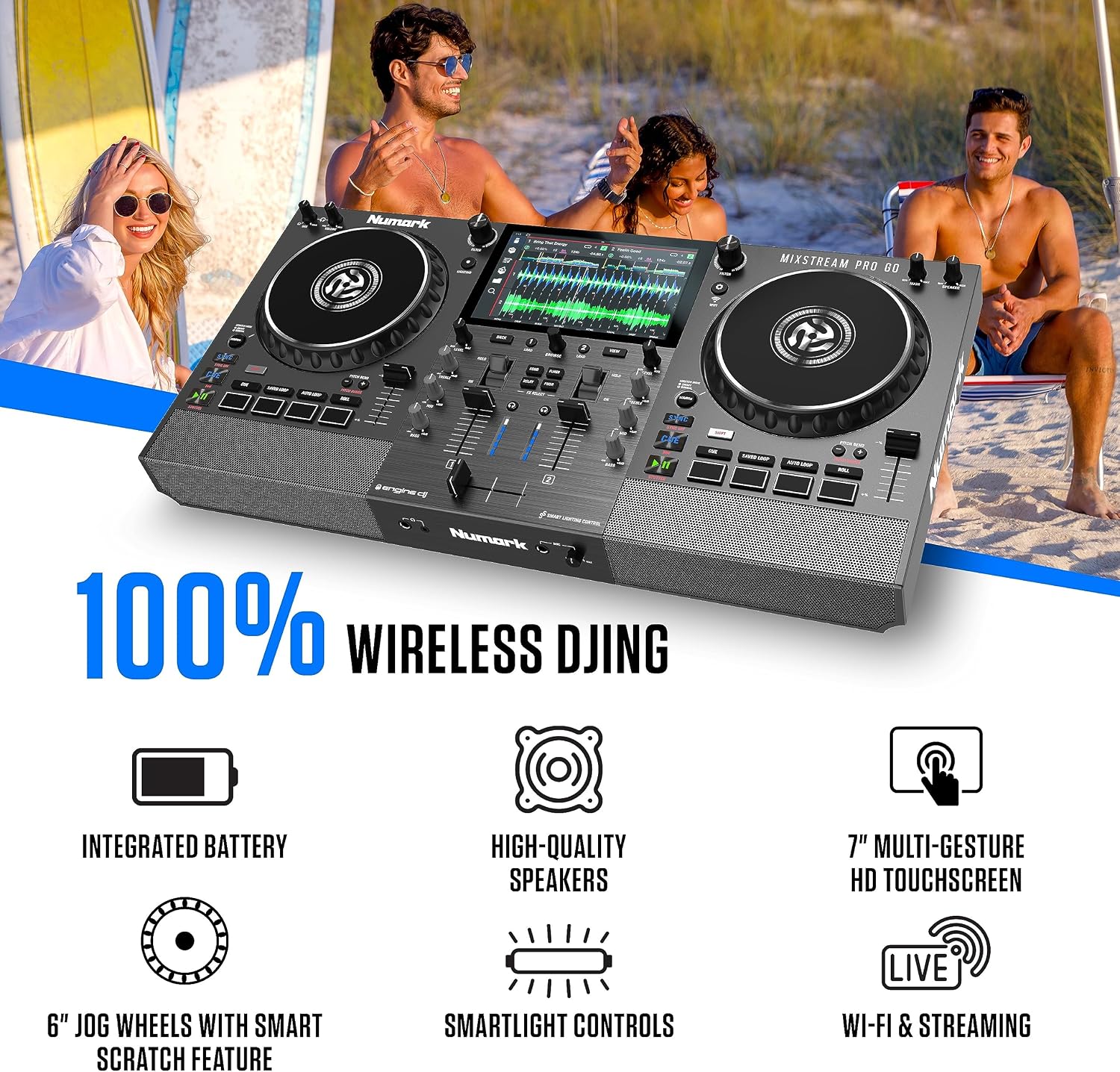 Numark Mixstream Pro Go - Standalone DJ Controller with Battery, DJ Mixer, Speakers, Amazon Music Unlimited, WiFi, Touchscreen, Works with Serato DJ