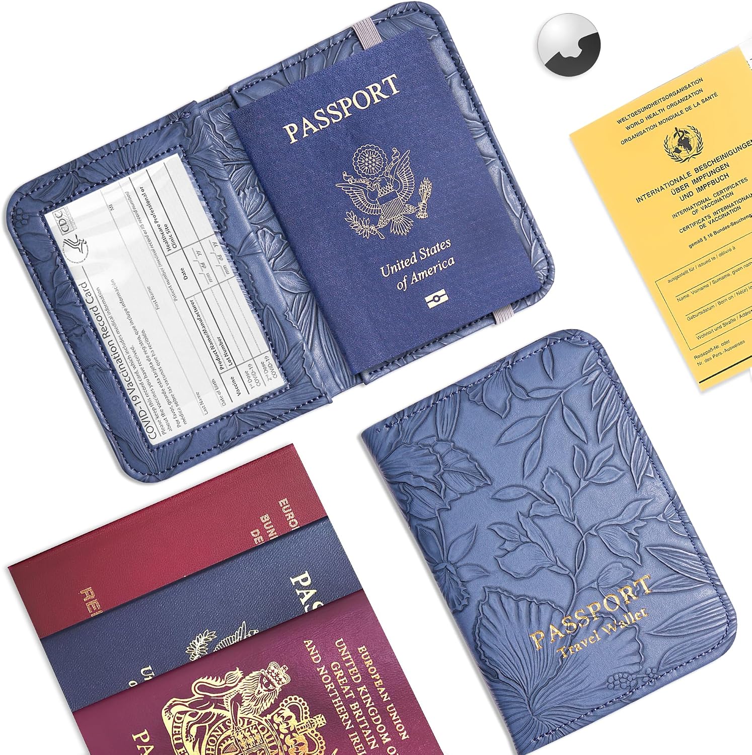 lizimandu Passport Holder with Airtag Slot, Airtag Passport Wallet for Men Women, Slim Leather Passport Holder Case Family for Travel Anti-Lost(1-Carved Blue)