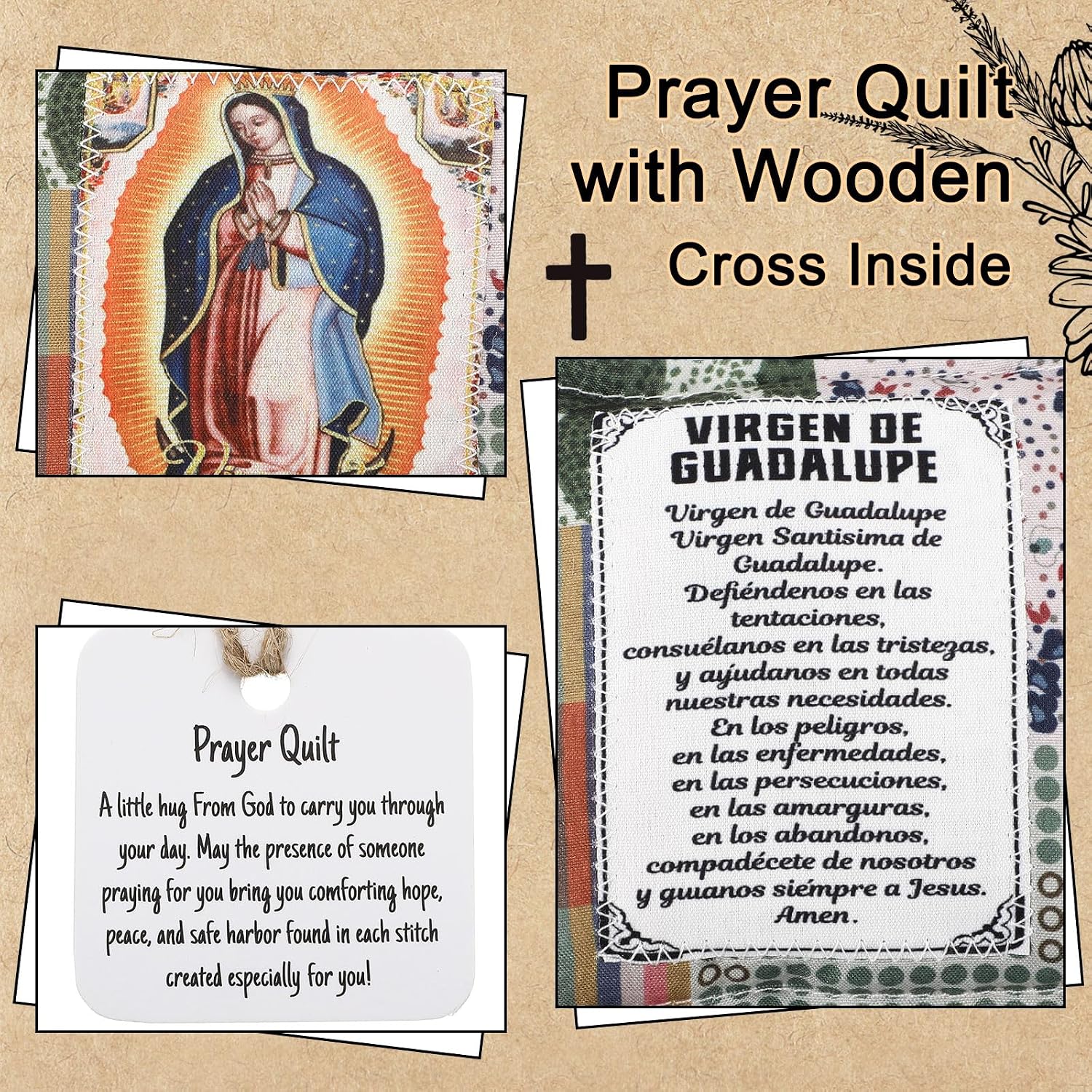 Kathfly Mini Prayer Quilt Pillows with Cross Inside Catholic Prayer Gifts Pocket Squares Pillow Sympathy Christian Scripture Sympathy Gifts for Women Church Easter Basket Stuffers(6,All)