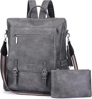 Backpack Purse for Women Vegan Leather Travel Backpack Multipurpose Design Convertible Satchel Bag Handbag and Purse 2Pcs Pack Ladies Backpack with Tassel(Grey)