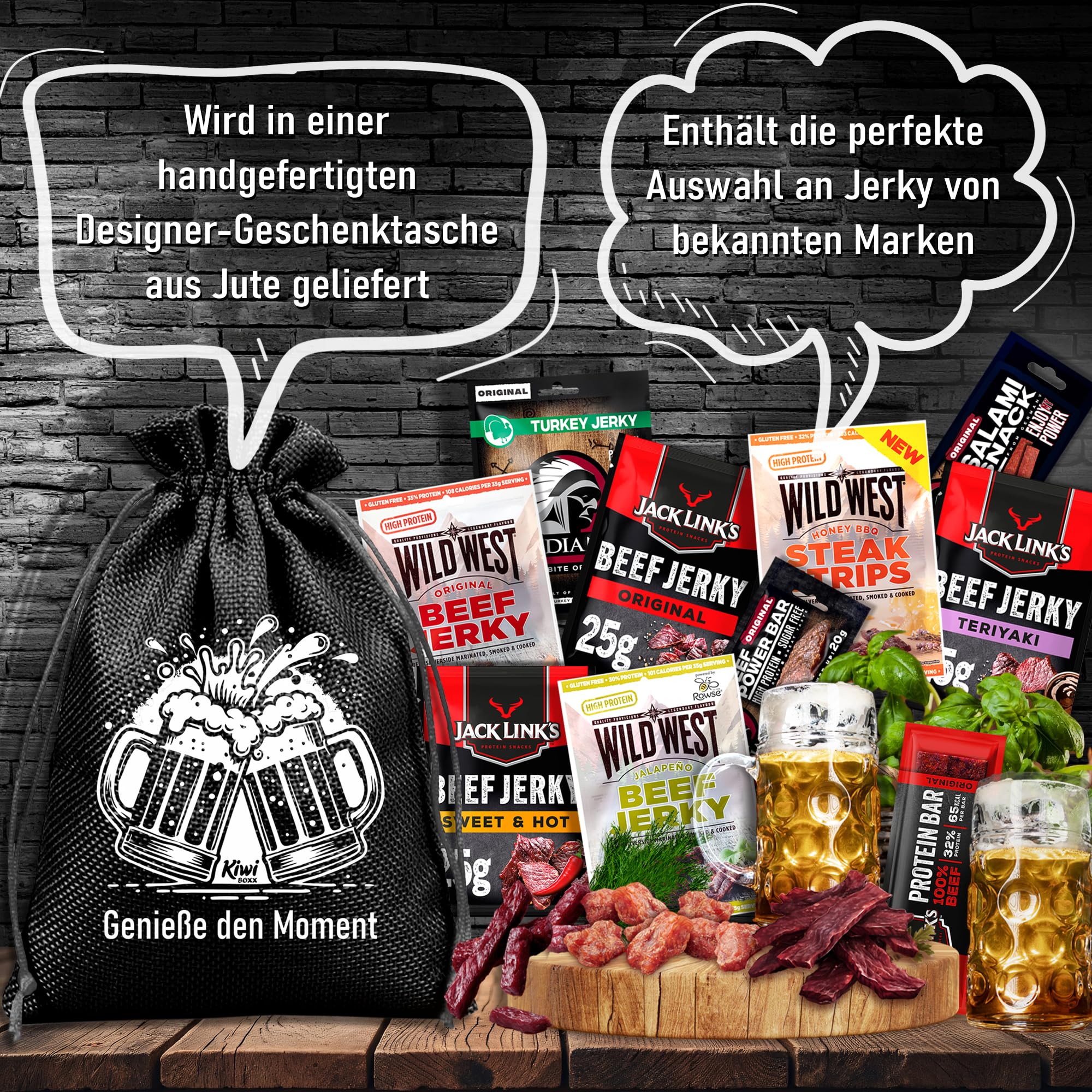 Bier Geschenke für Männer - Geschenkset mit Beef Jerky im Jutebeutel, Präsentkorb