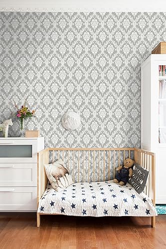 Miniatura 9 de Micpolo Papel tapiz adhesivo gris y blanco para armarios y cajones, papel tapiz de damasco extraíble, papel tapiz de despegar y pegar para