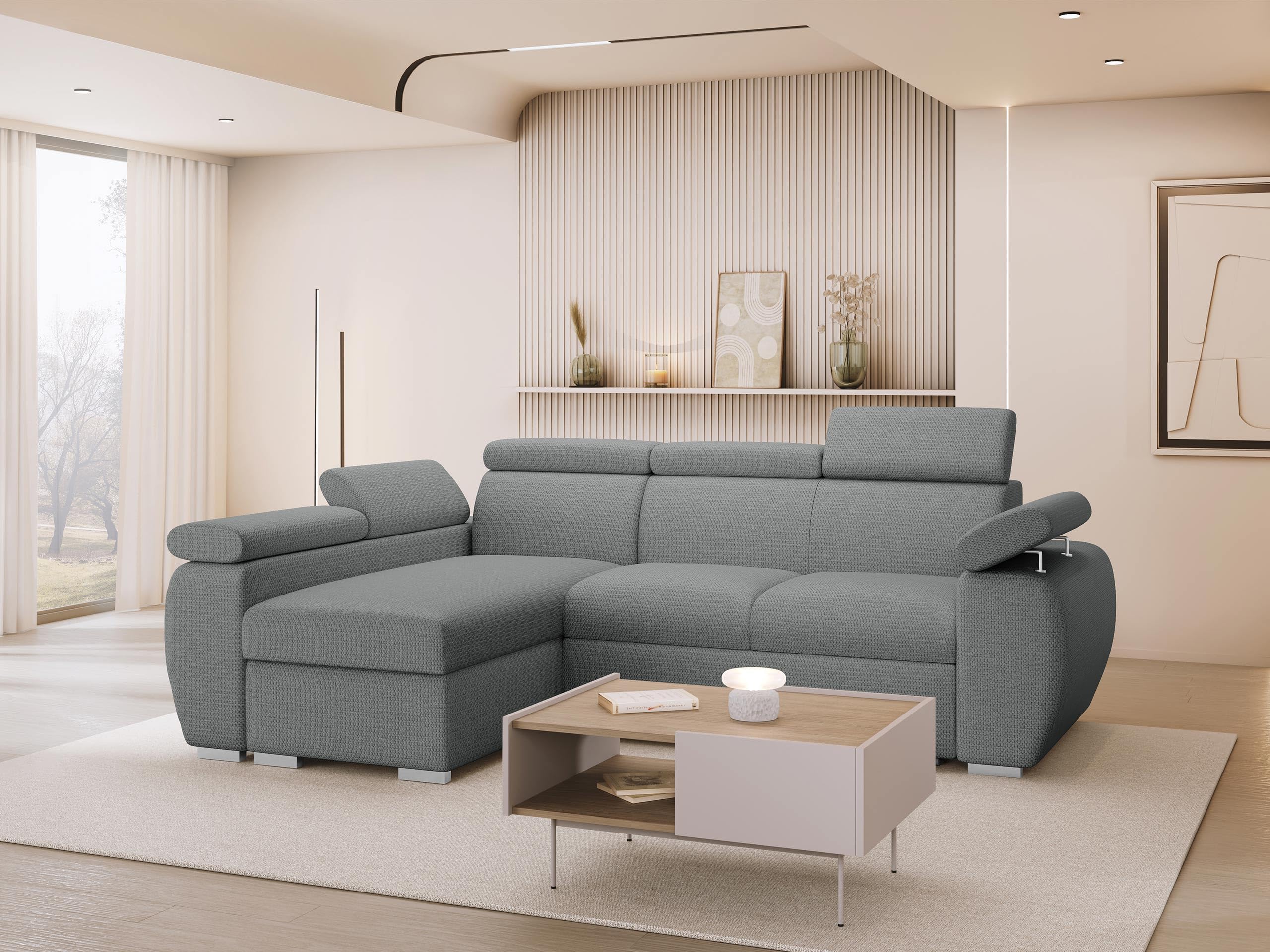 Mirjan24 Ecksofa Boston Mini, Eckcouch mit Schlaffunktion und Bettkasten, Polsterecke mit Einstellbare Kopfstützen, L-Sofa, Polstergarnitur, Wohnlandschaft (Aragon 93, Seite: Links, LC+2r)