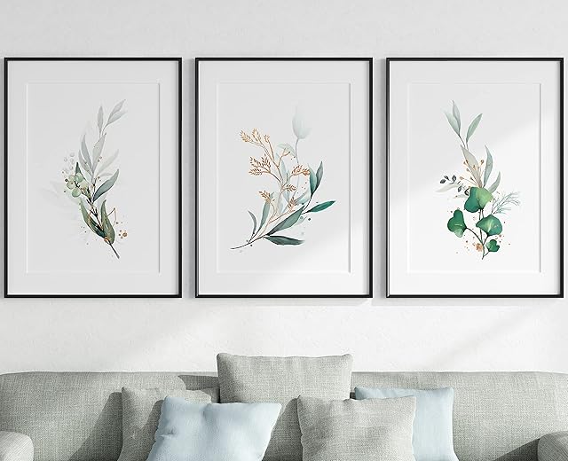 Eucalyptus Botanical Wall Art Set of 3 Unframed Prints, Abstract Tropical Plant Decor, Living Room Bedroom Poster Home Decor, Plant Leaves Green Gold (A4)