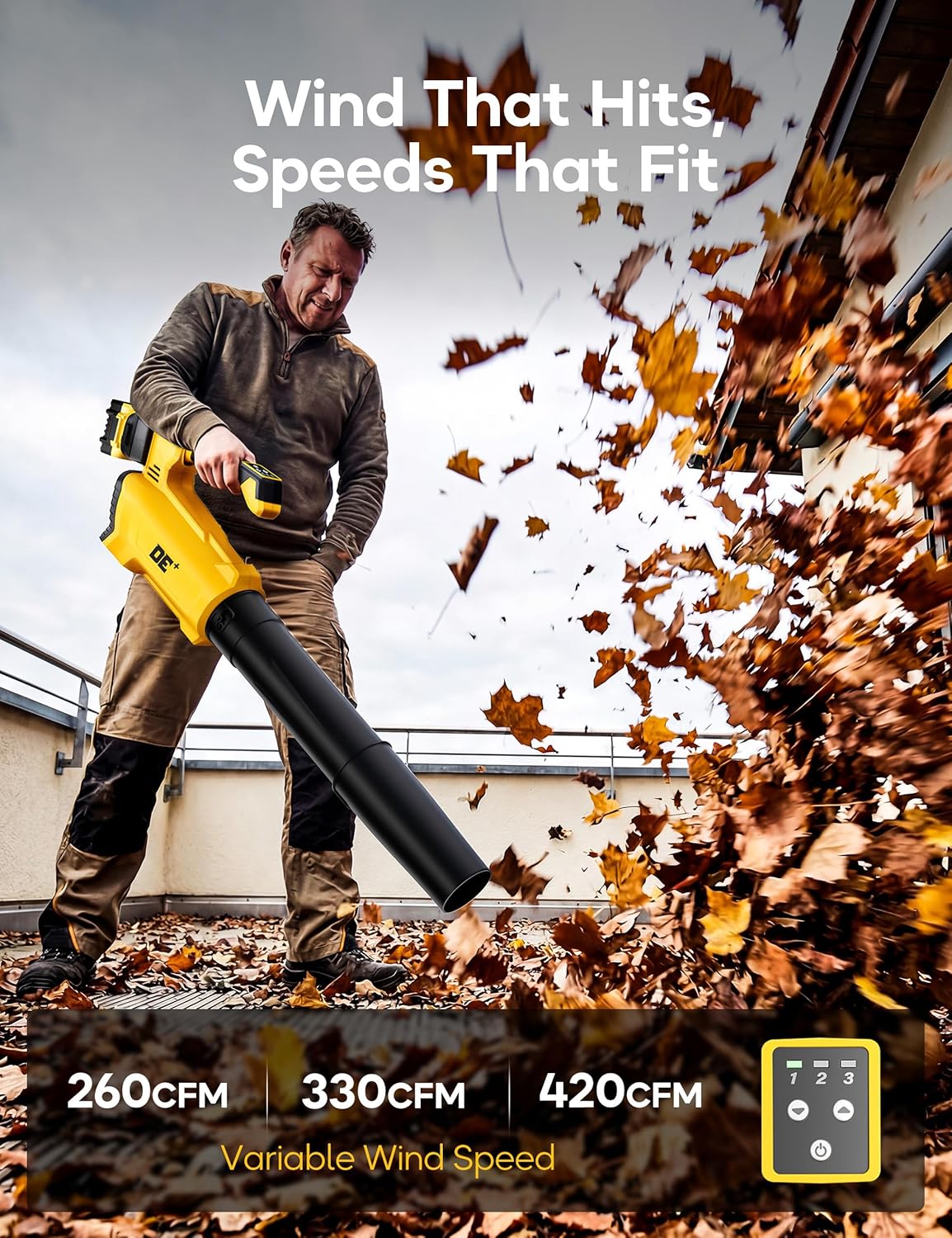 DeForce Leaf Blower Cordless, for DeWalt 20V Max Battery, Battery Powered Snow Blower Electric, 420 CFM, with Adjustable Handle, 3 Speeds, for Driveway, Patio, Backyard (Bare Tool Only)