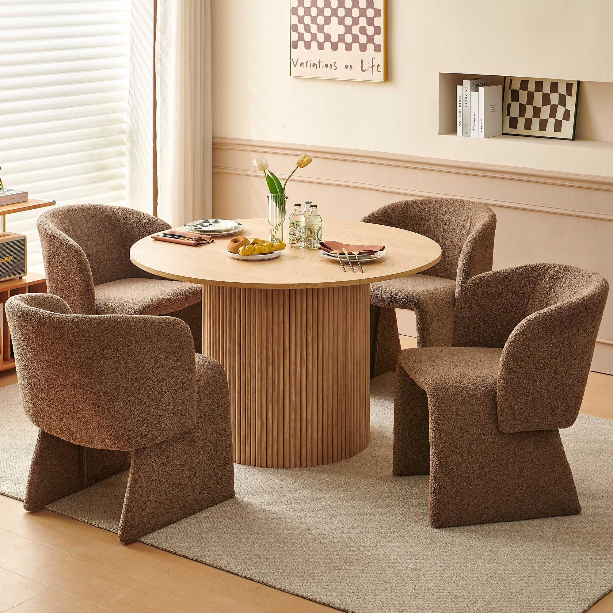 Pandolfini 5-Piece Dining Table Set for 4, Farmhouse 47" Round Kitchen Table and Chair Set, Table Set with Brown Upholstered Barrel Dining Room Chairs