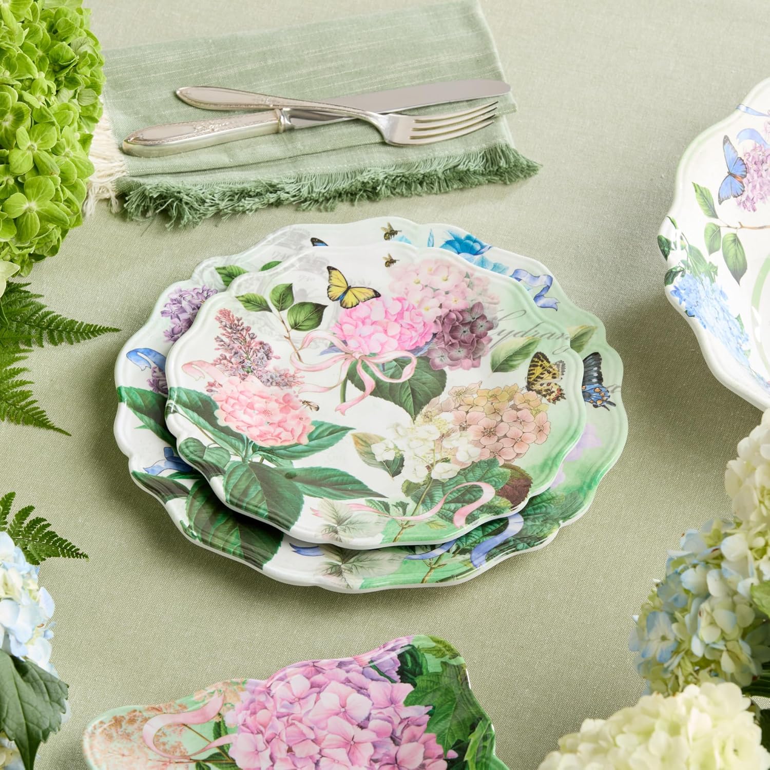 Garden Path Melamine Salad Plates Set of 4, 9-Inch - Durable and Lightweight with Pink, Purple, and White Hydrangea Design, Ideal for Outdoor and Indoor Dining. BPA free.