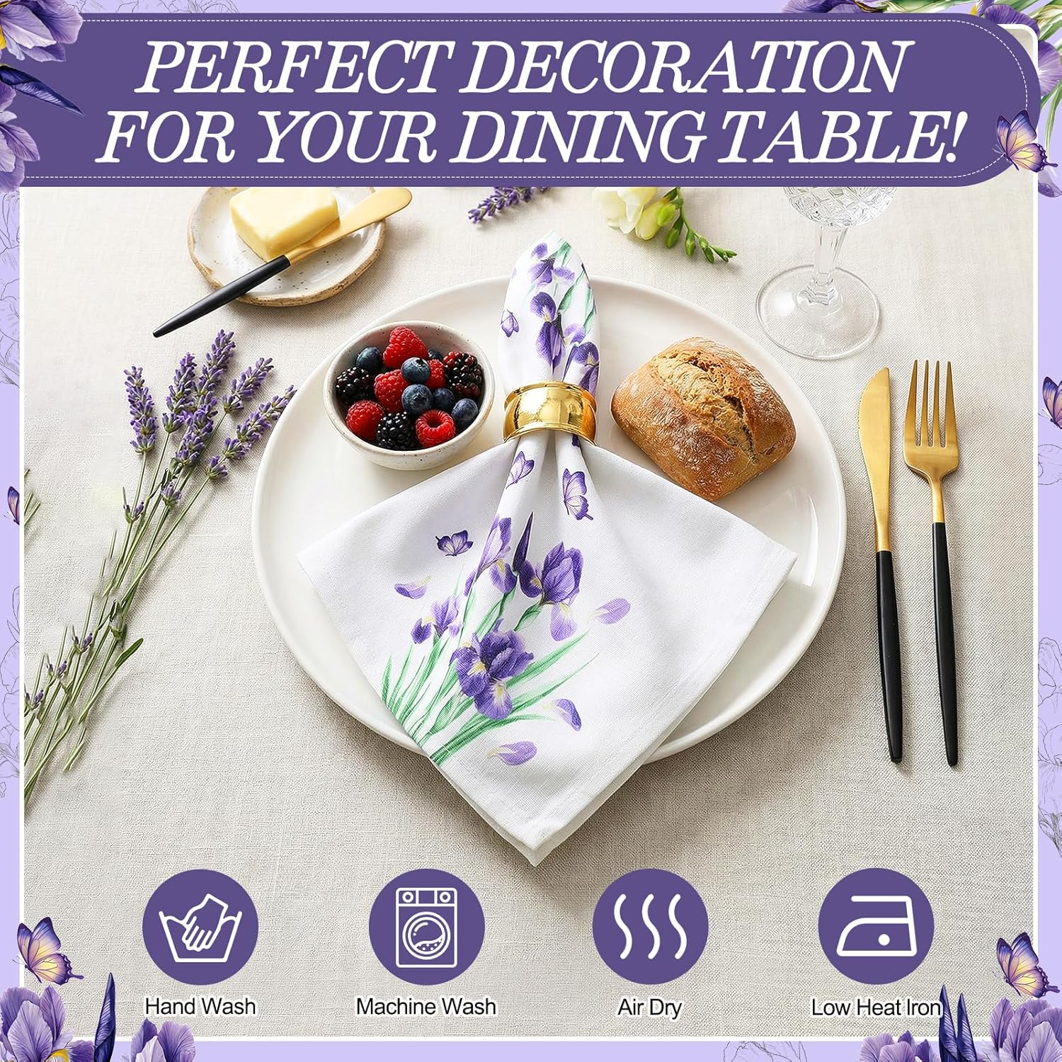 24 Pcs Floral Cotton Napkins Decorative, 18''x18''Iris Linen Napkins Flax Flower Dinner Napkin, Absorbent Reusable Decor for Spring Easter Parties Restaurant Table Decoration