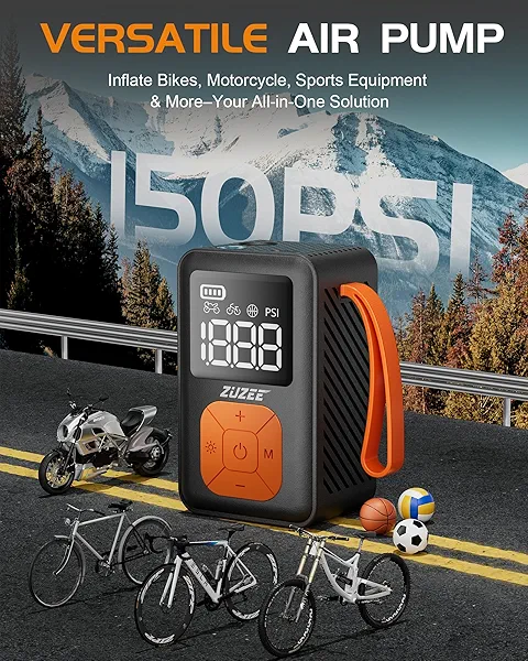 ZUZEE Mini Bike Pump, 150 PSI Portable Bicycle Pump with Gauge, 3X Faster & Auto Stop & Brushless Motor, Electric Bike Tire Pump with Presta and Schrader Valve for Road Bike, MTB, Motorcycle, Ball,etc
