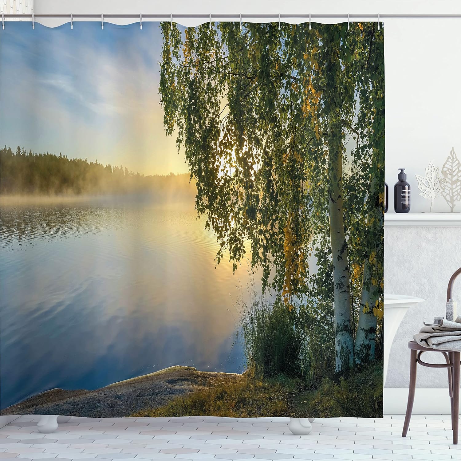 Ambesonne Nature Shower Curtain, Sunny Day by Misty Lake Tree Summer Season Horizon August Landscape, Cloth Fabric Bathroom Decor Set with Hooks, 69" W x 70" L, Fern Green Pale Blue