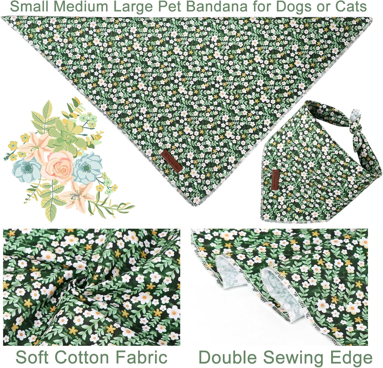 Summer Dog Bandana,Cute Pet Bandana with Flower Pattern,Adjustable Green Puppy Dog Bibs,Washable Triangle Dog Scarf for Boy,Girl Dogs or Cats… image 2