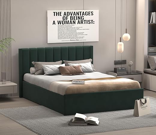 FEBERICA Upholstered Bed with Vertical Panel Headboard | Modern Fabric Bed Frame with Cushioned Headboard | Premium Double...