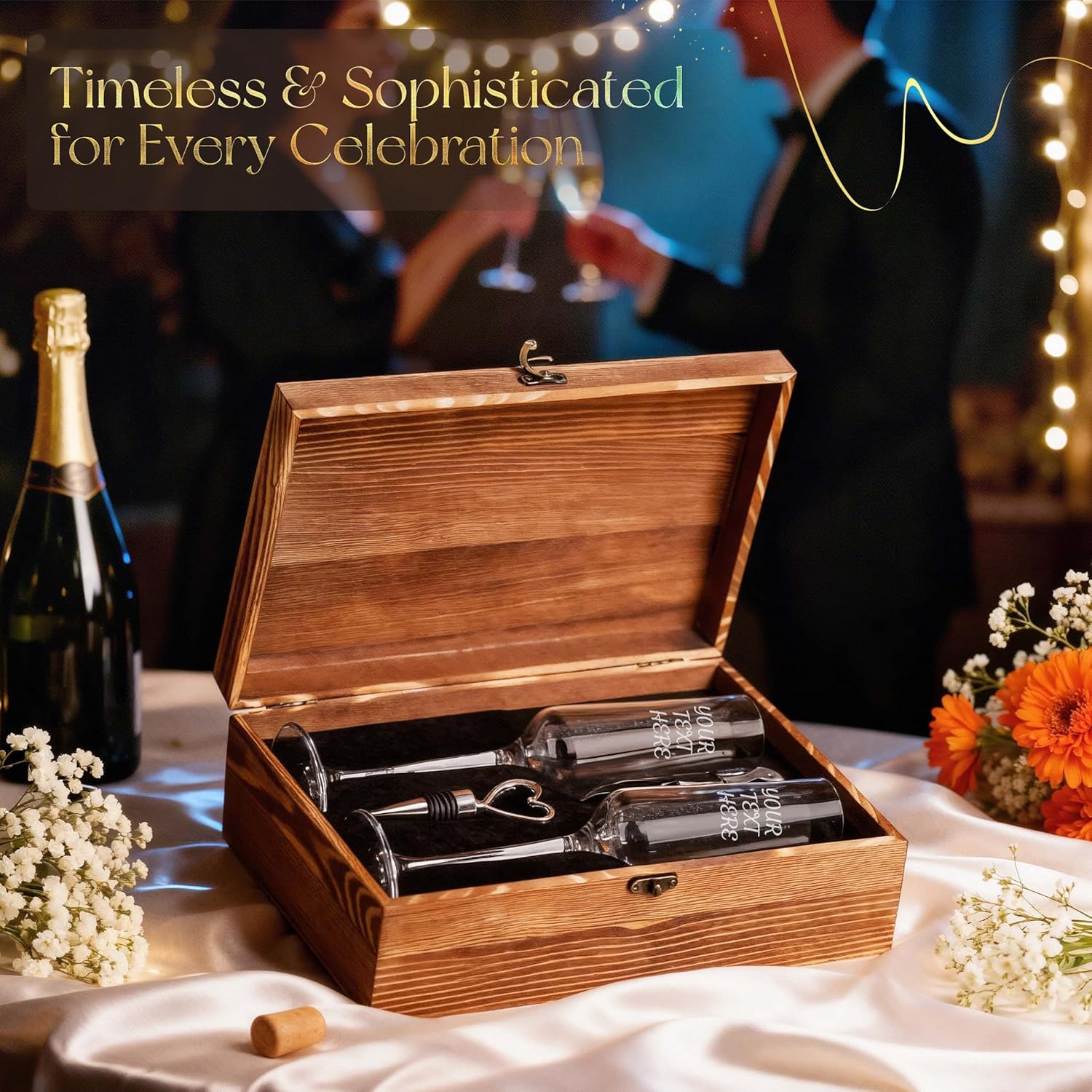 Set of 2 Personalized Couples Wedding Champagne Flute Glasses 8 oz – Custom Engraved Your Text, Bride & Groom Toasting Flutes with Wooden Keepsake Box, Bottle Stopper & Corkscrew Opener