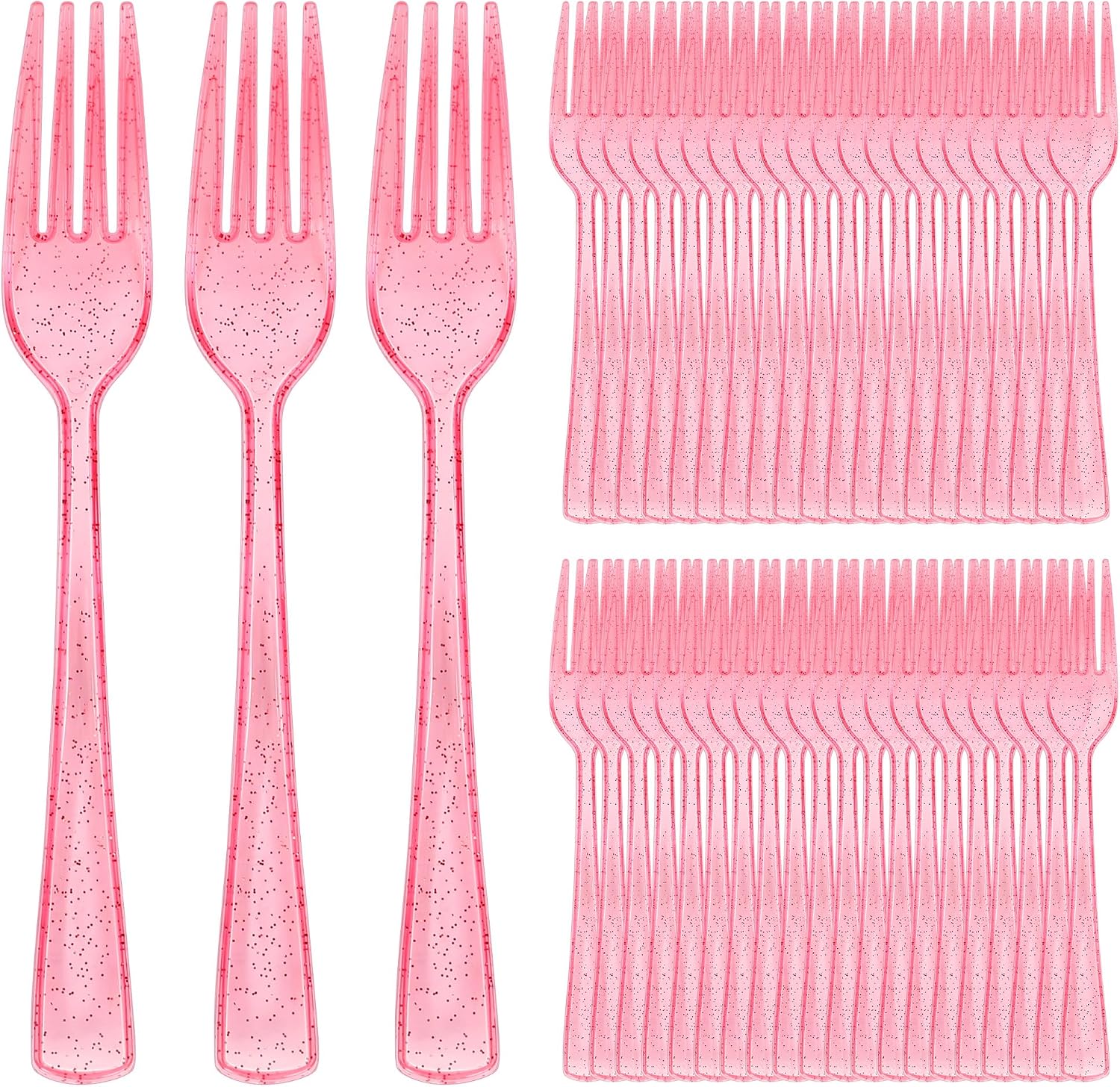 100 Pcs Pink Glitter Plastic Forks, Disposable Heavy Duty Pink Cutlery Forks 7.3 Inch, Plastic Silverware Utensils for Party Birthday Wedding Baby Shower Halloween Thanksgiving Daily Use
