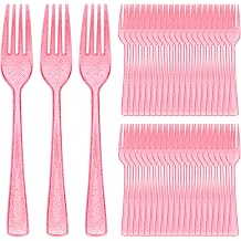 100 Pcs Pink Glitter Plastic Forks, Disposable Heavy Duty Pink Cutlery Forks 7.3 Inch, Plastic Silverware Utensils for Party Birthday Wedding Baby Shower Halloween Thanksgiving Daily Use