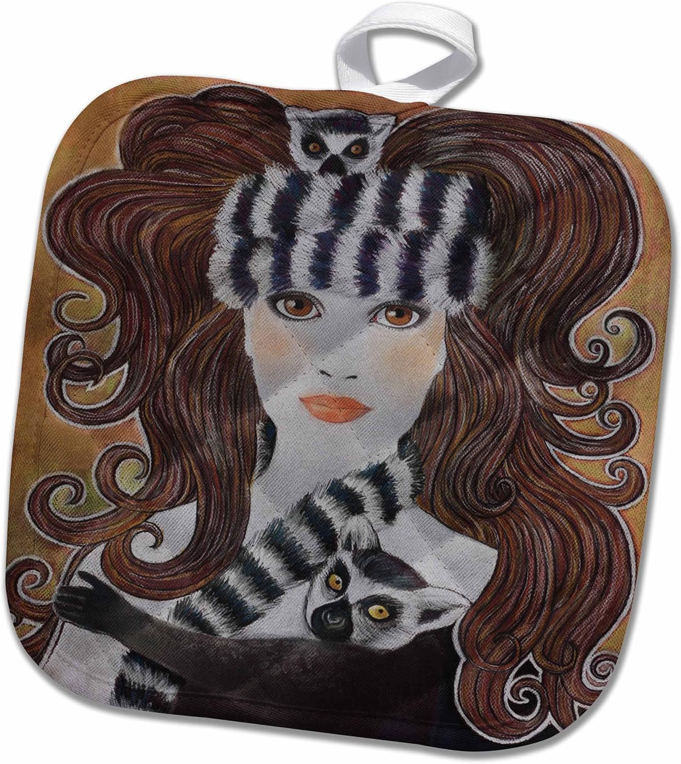 3D Rose Stylized Art Lemurs Wild Animal Madagascar Woman Hat Whimsical Pastel Painting Pot Holder, 8" x 8"