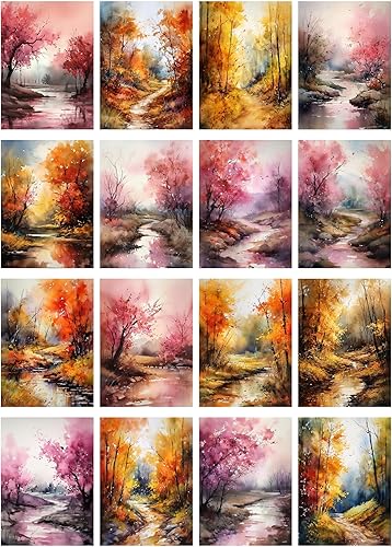Miniatura 2 de Decoupage - Paquete de papel (35 hojas de 6 x 8 pulgadas), hermoso paisaje rosa y naranja tranquilo de arroyos leñosos FLONZ Vintage Ilustración