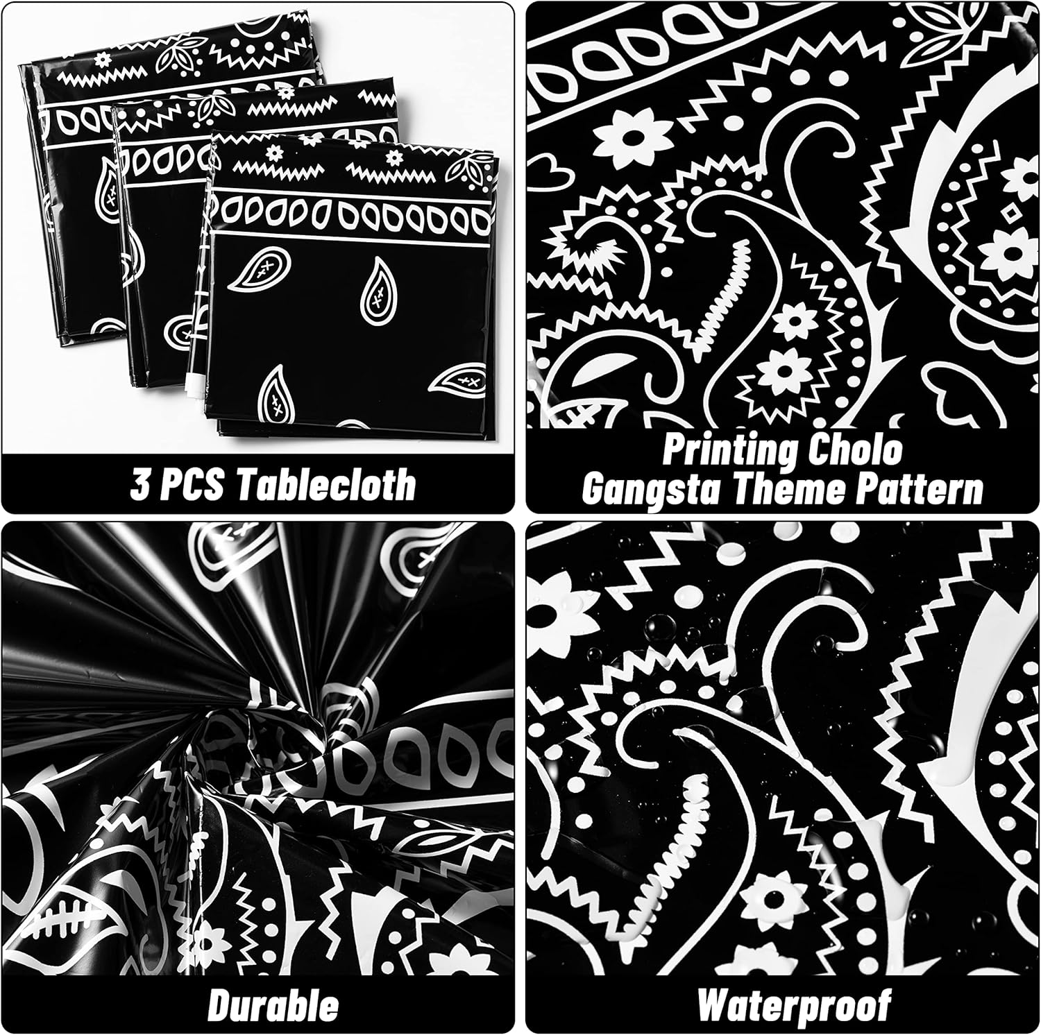 K1tpde 3PCS Bandana Party Tablecloths, Cholo Gangsta Theme Table Covers,Bandana Plastic Waterproof Tablecloth, Western Party Decorations Supplies for Adult, Black