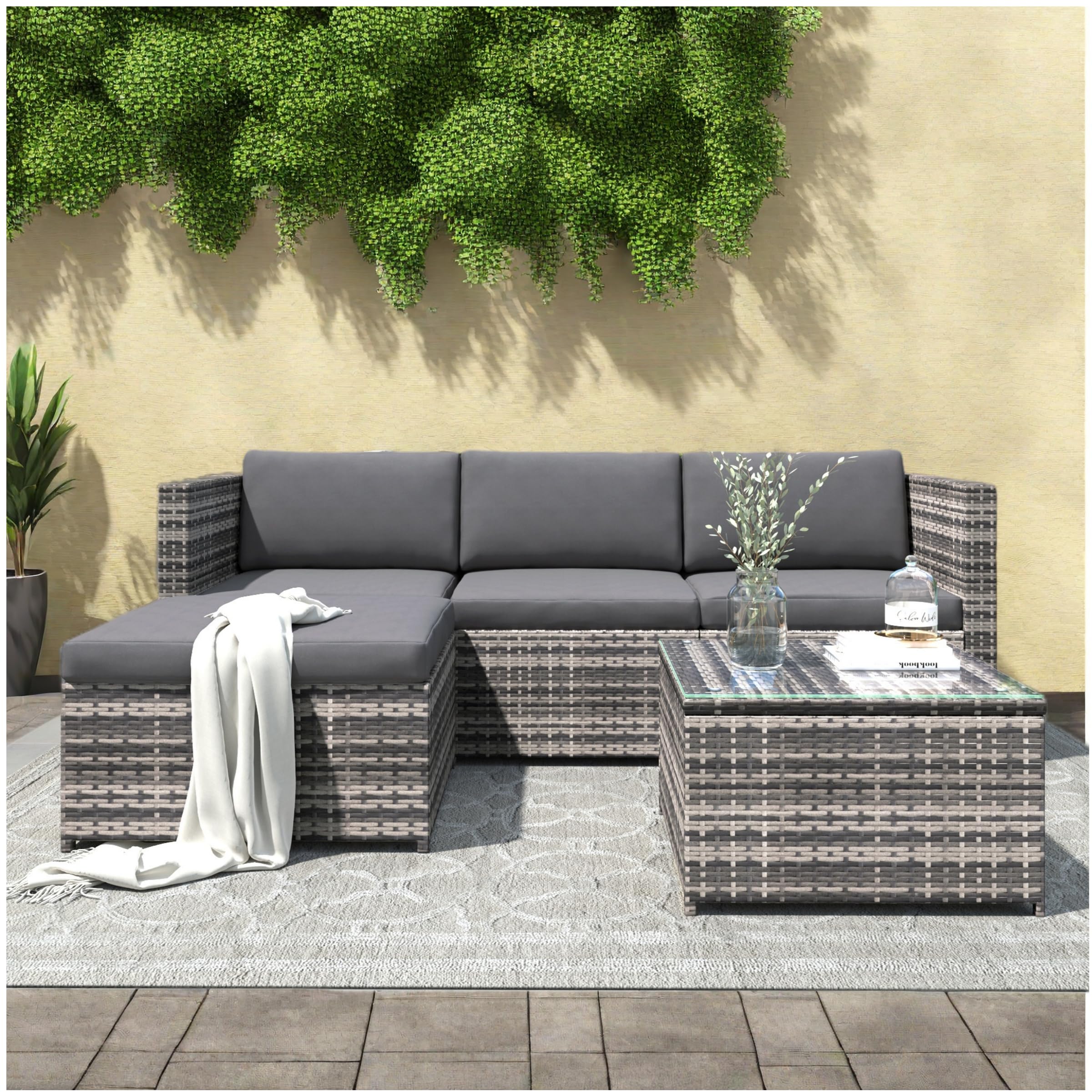 Lubvtti Set giardino esterno in polyrattan,divano da esterno,tavolo lounge con piano in vetro,divano angolare con cuscini per seduta e schienale,mobili da giardino,tavolo e sedie da giardino,Grigio