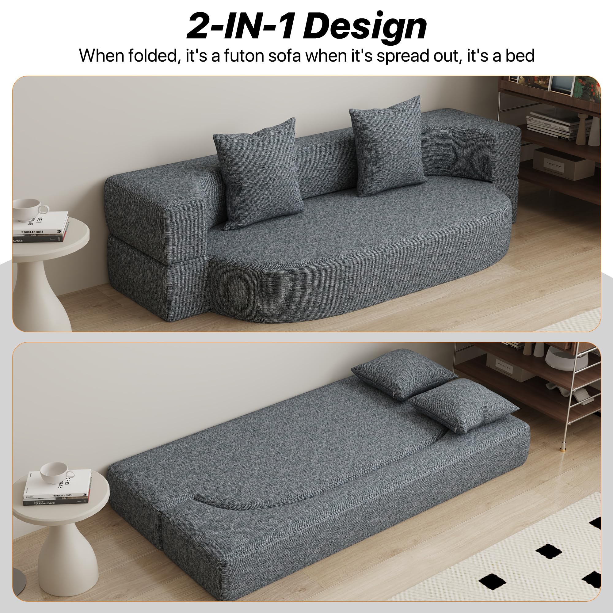 HENGJIANYI Folding Sofa Bed, Convertible Futon Sleeper Bed, 2-in-1 Foldable Floor Mattress with 2 Pillows, Breathable High-Density Foam Lazy Couch, Twin Size Comfy Lounge Chair, Dark Gray