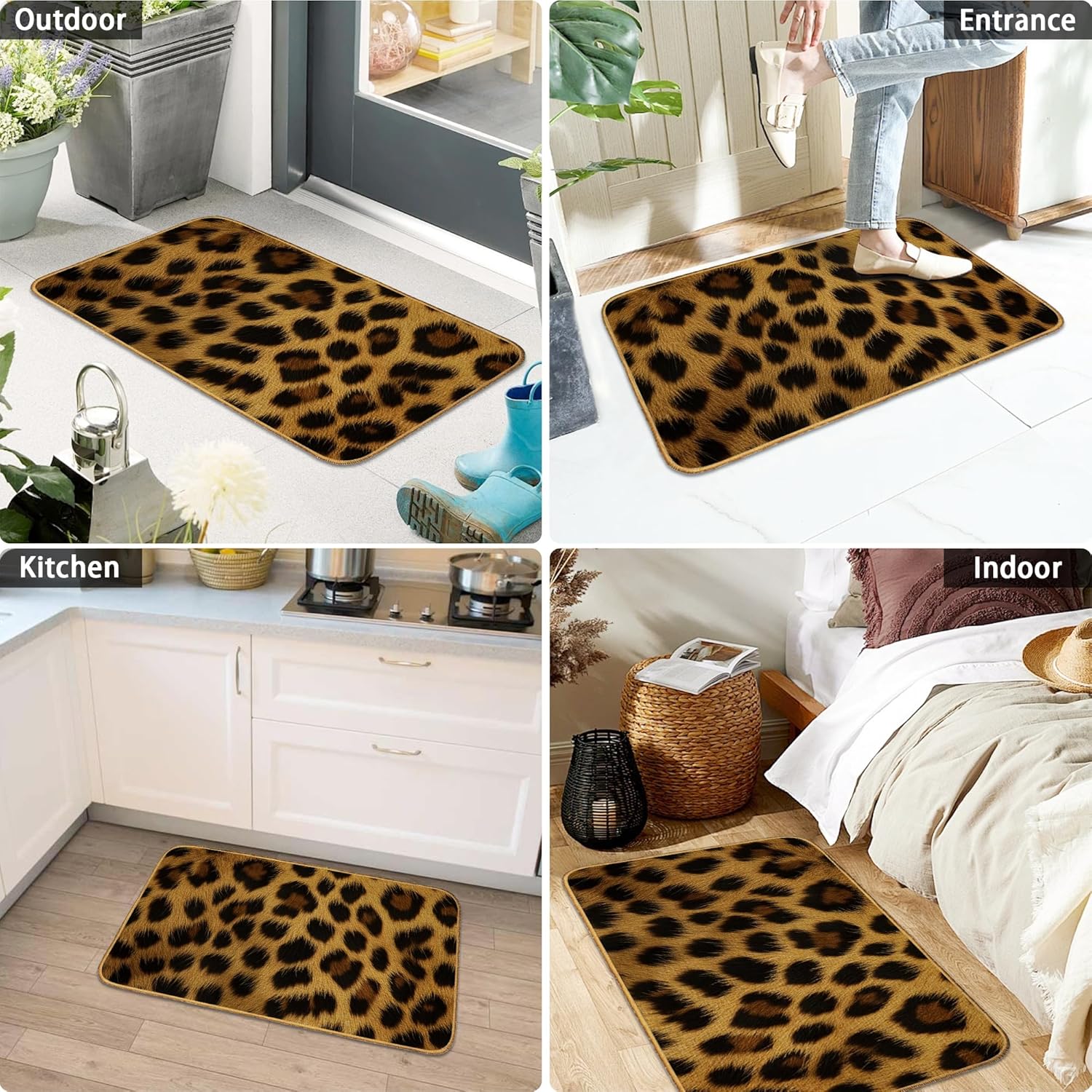 Leopard Print Door Mat 17"x29",Abstract African Animal Doormat Indoor Entrance,Non Slip Rubber Front Door Mats Washable Absorbent Inside Outside Low-Profile Home Entryway Rug Outdoor