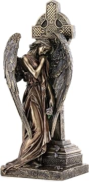 Top Collection Weeping Angel of Grief Leaning on Celtic Cross Statue - Religious Sculpture in Premium Cold Cast Bronze - 11.75-Inch Collectible Messenger of God Figurine