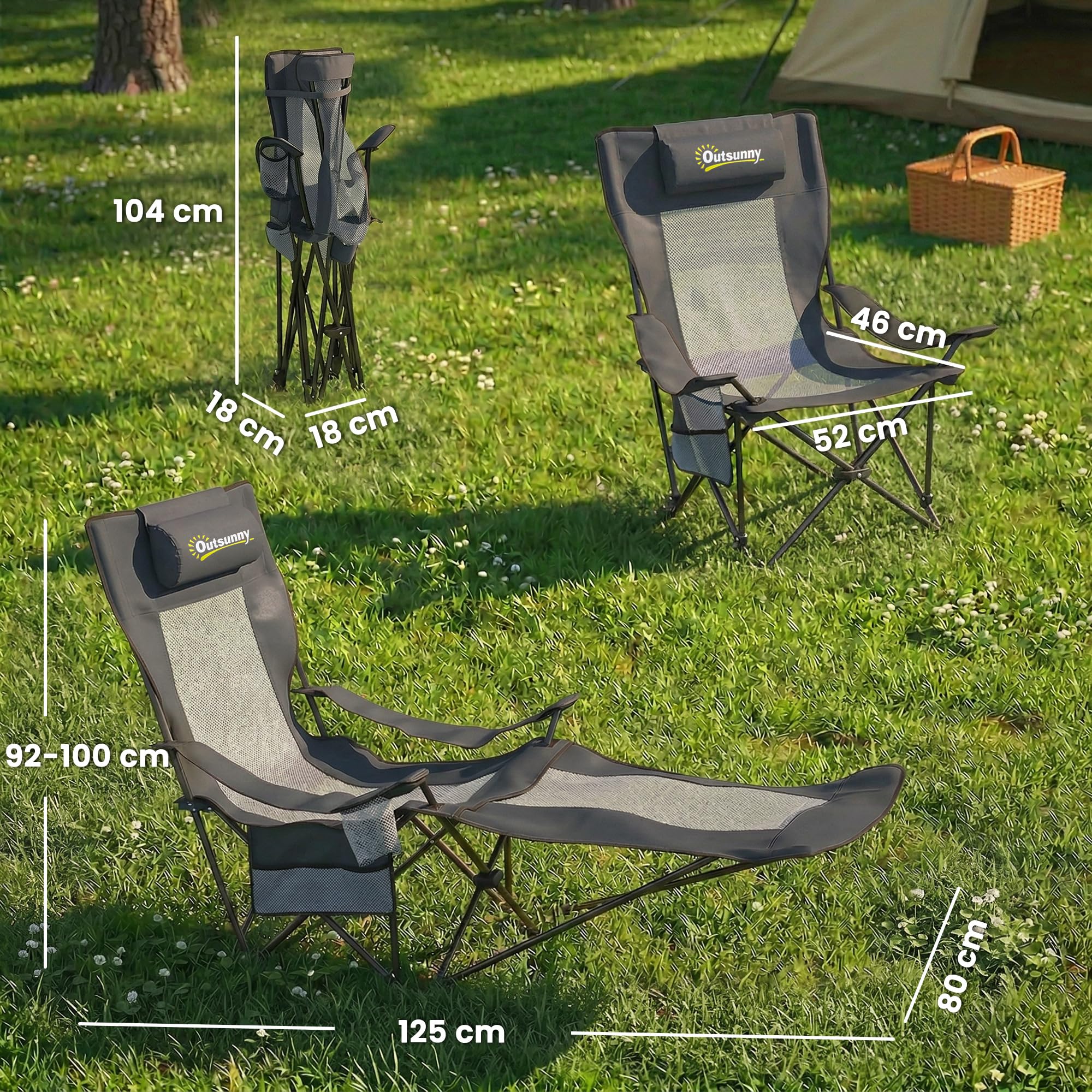 Outsunny 2 składane krzesła campingowe i plażowe z oparciem, 120kg | Podnóżek, Uchwyt na napoje, Zagłówek, Dla dorosłych, Krzesło wędkarskie, Leżak, Składane krzesło, Regulowane oparcie