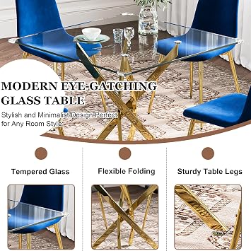 5-Piece Glass Dining Table Set, Modern Square Gold Dining Room Set with Tempered Glass Kitchen Table and 4 Blue Upholstered Chair for Apartment, Living Room