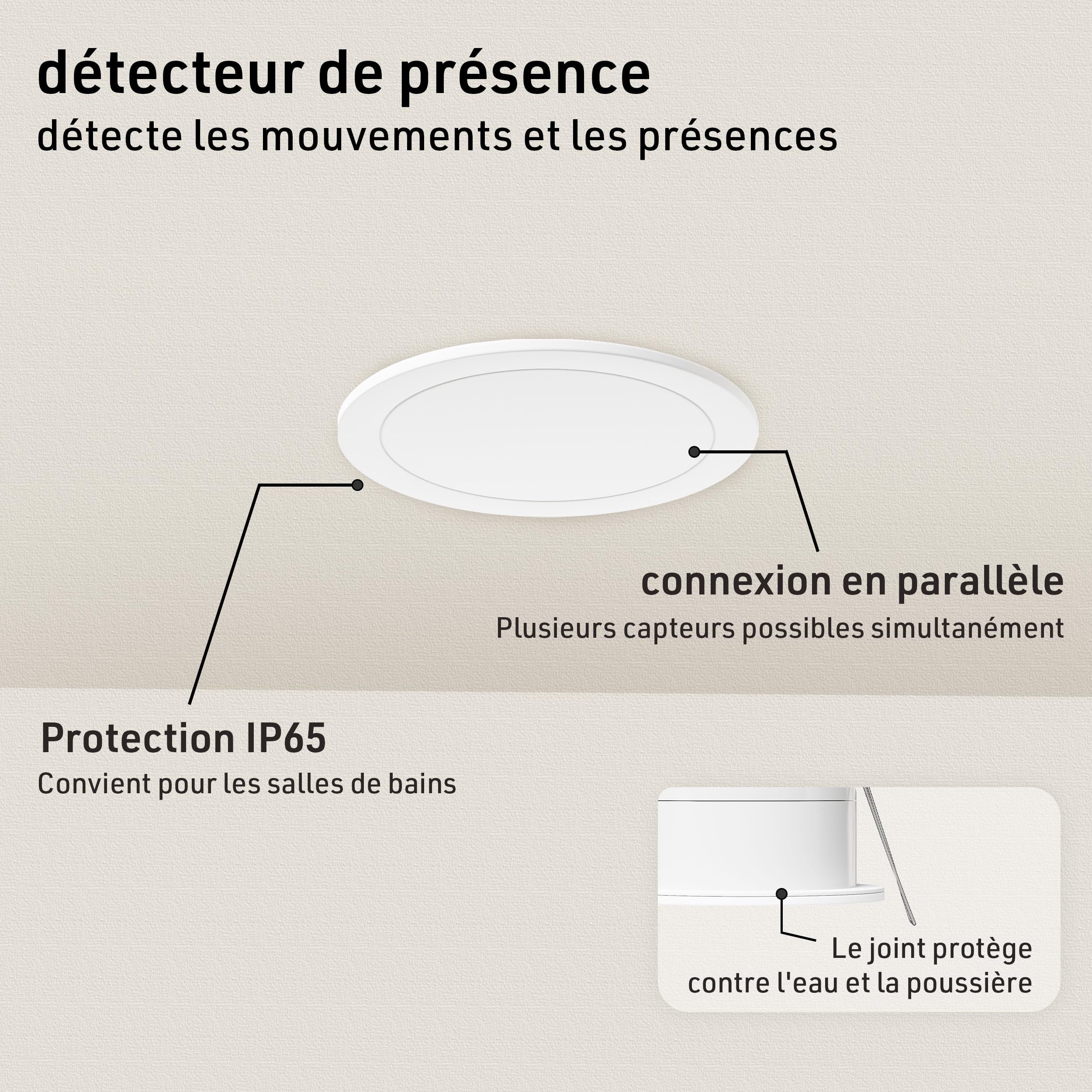 Oktaplex Noa Détecteur de présence pour montage au plafond 360 degrés 24GHz IP65 Radar détecteur de mouvement 6m capteur de présence adapté pour salle de bain encastré plat blanc 230V